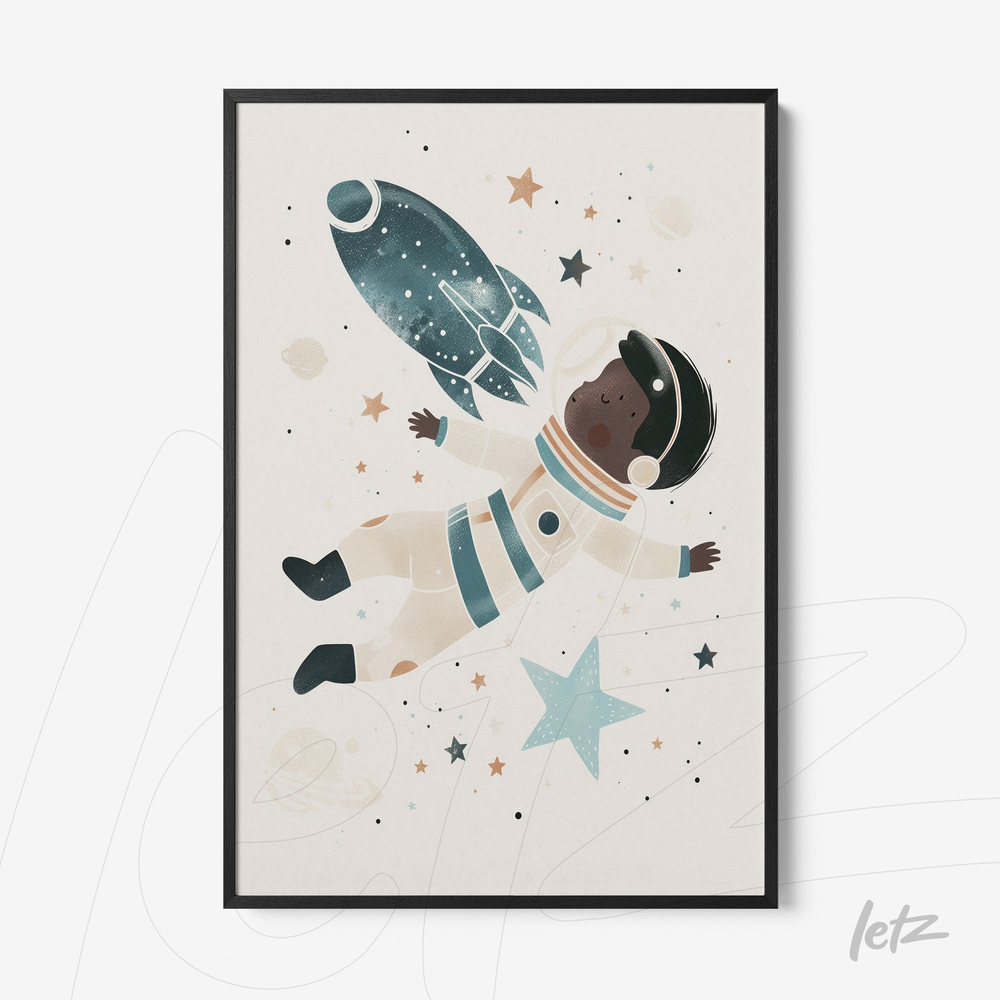 quadro com ilustração de astronauta flutuando no espaço com foguete e estrelas em moldura preta