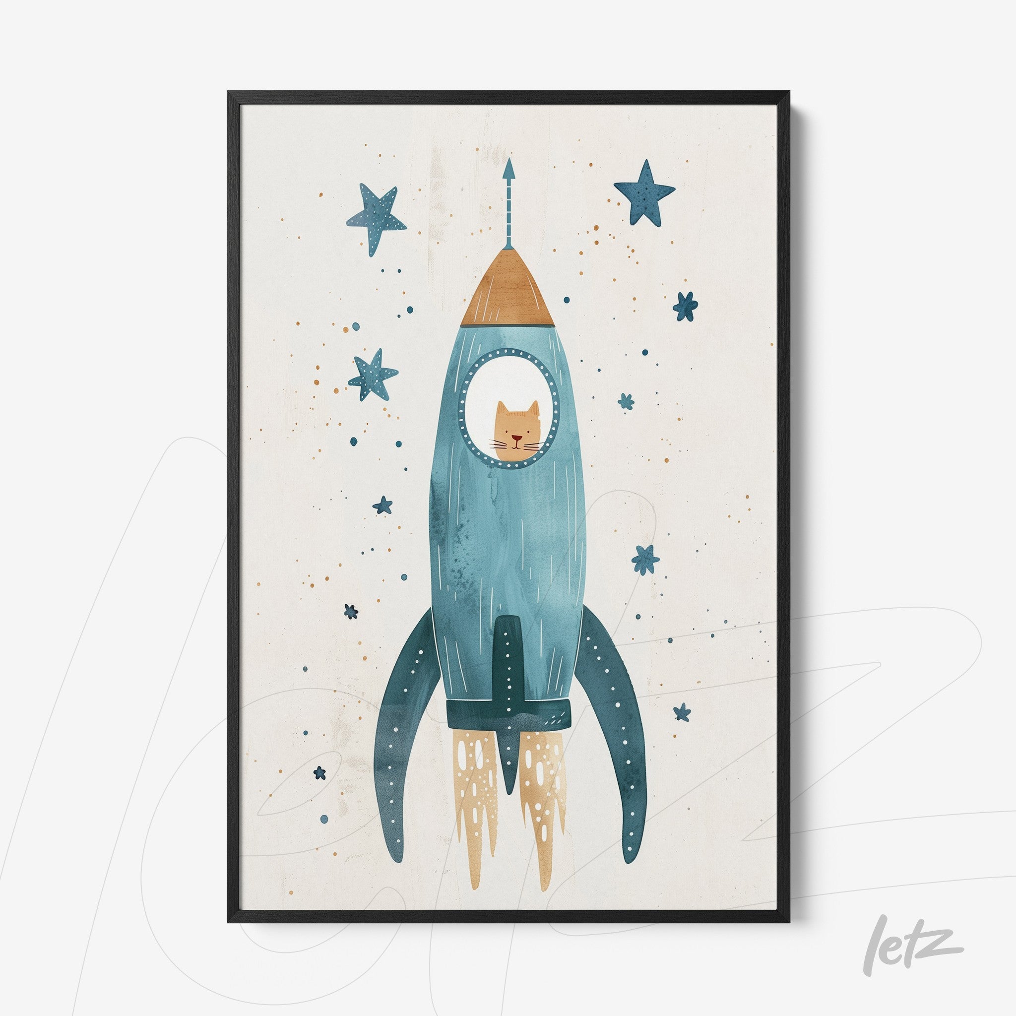 quadro com ilustração de um gato dentro de uma espaçonave azul em fundo claro com estrelas