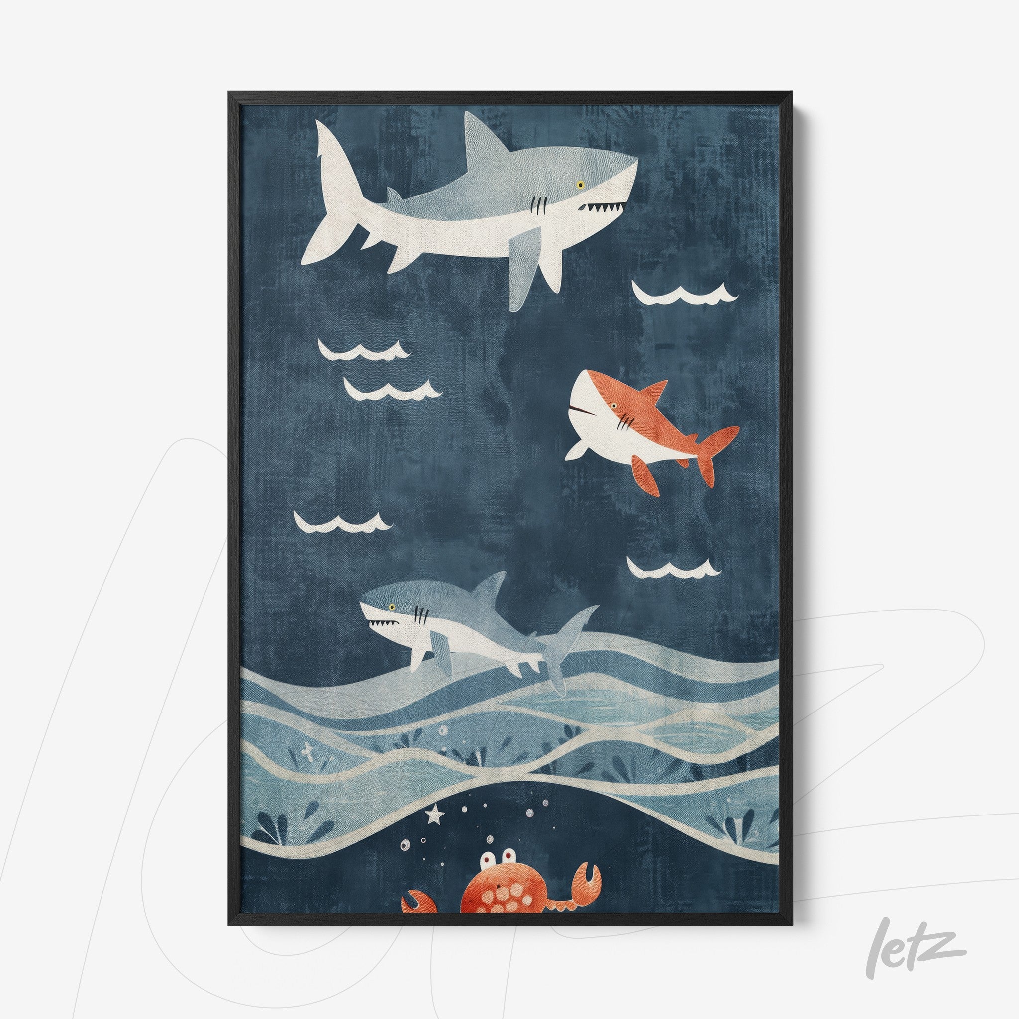 quadro com ilustração de tubarões em fundo azul, com ondas brancas e um caranguejo vermelho na parte inferior