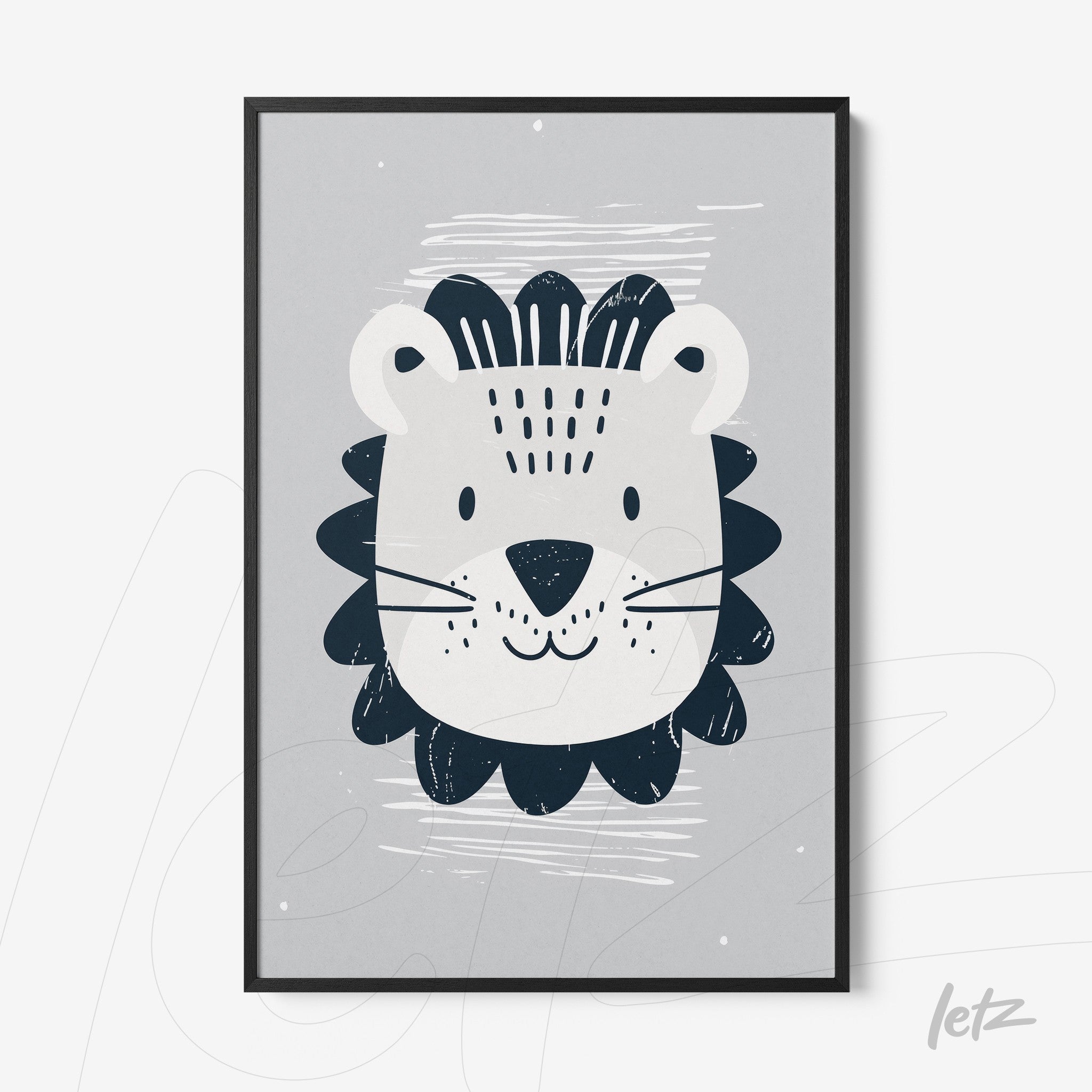 quadro com ilustração de leão em moldura preta sobre fundo cinza