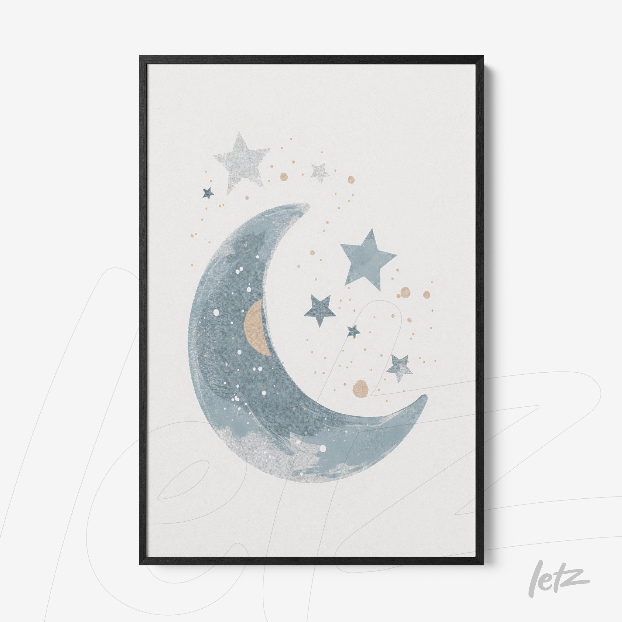 quadro com ilustração de lua e estrelas em fundo claro, com moldura preta