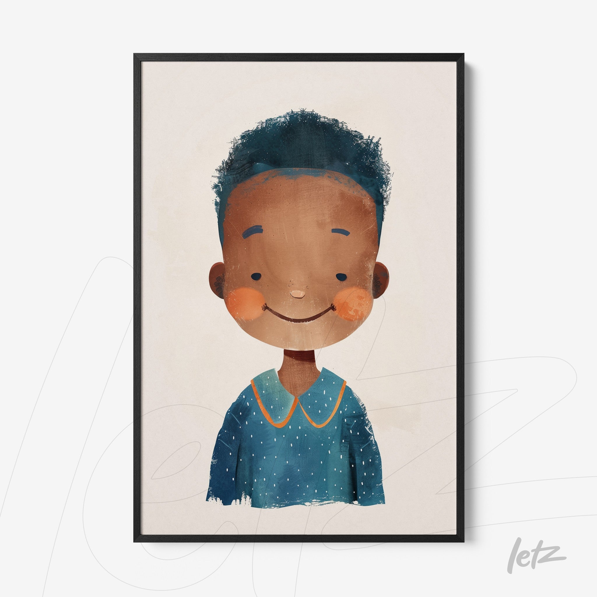 quadro com arte digital de personagem infantil sorridente com cabelo cacheado e roupa azul em moldura preta