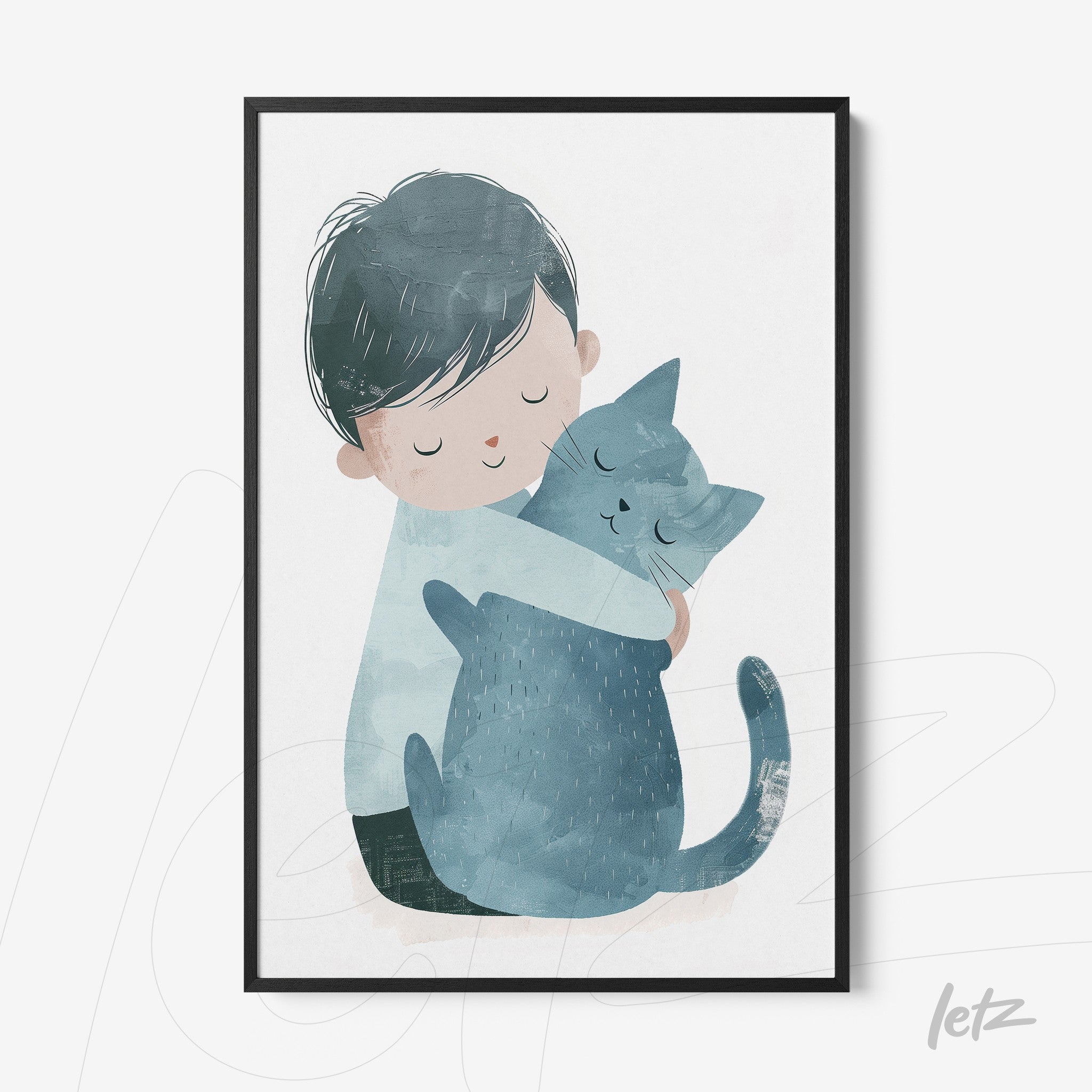 quadro com ilustração infantil de menino abraçando gato azul em moldura preta