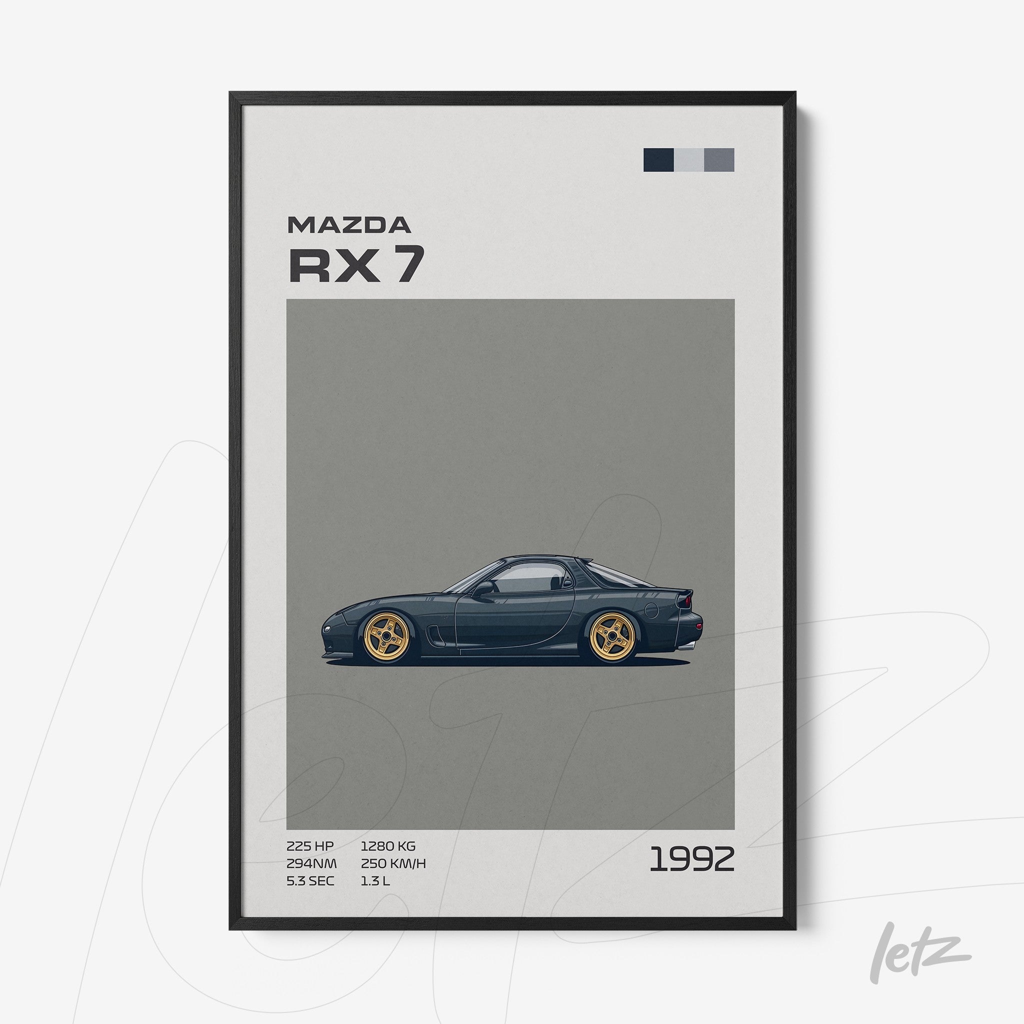 quadro com arte digital do carro Mazda RX-7 de 1992 em moldura preta