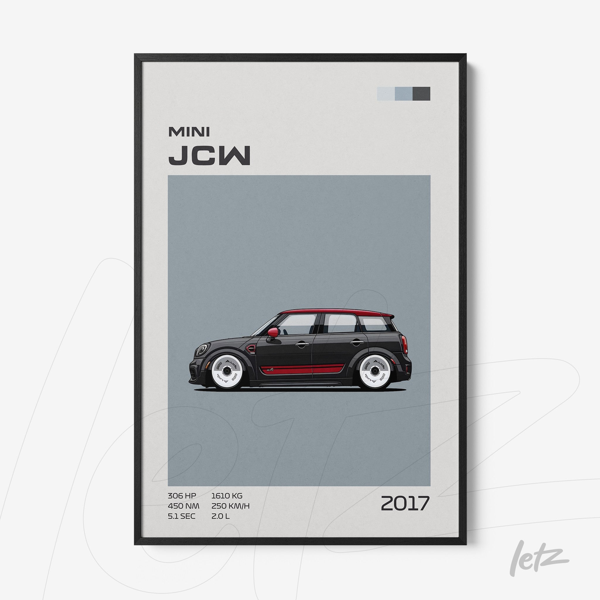 quadro com ilustração do carro Mini JCW 2017 em moldura preta com fundo cinza