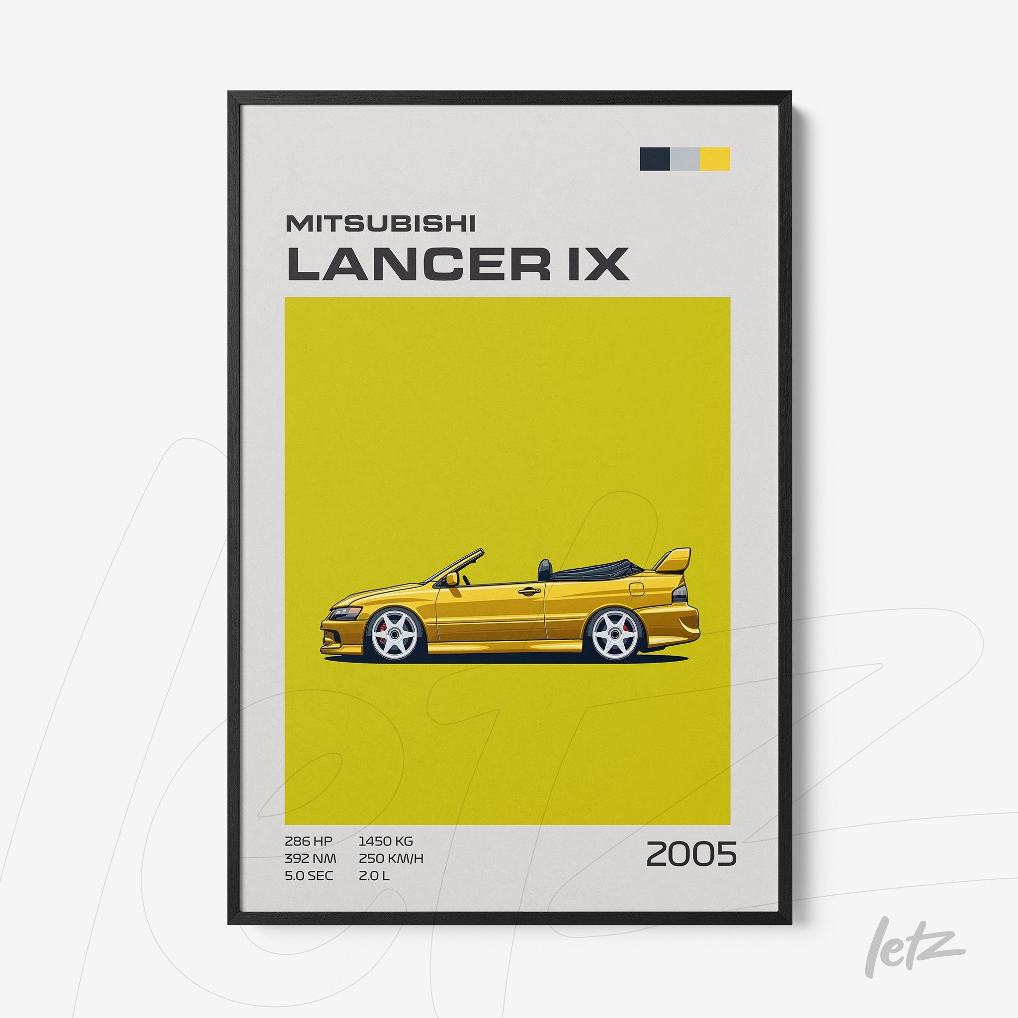 quadro decorativo com ilustração do carro Mitsubishi Lancer IX sobre fundo amarelo, moldura preta fina