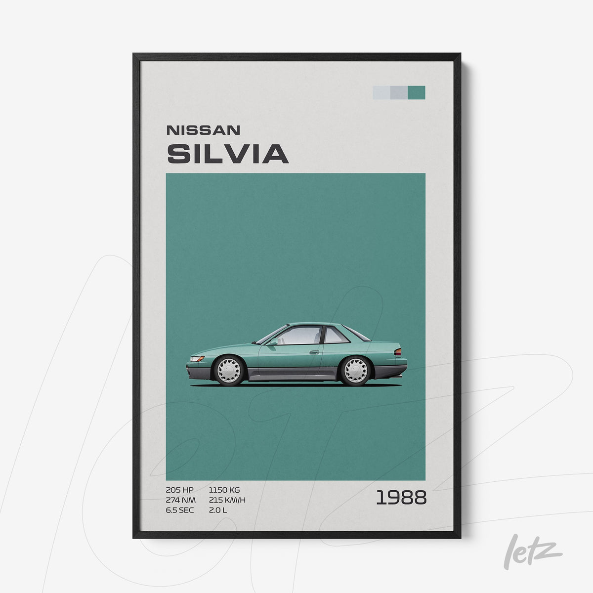 quadro com ilustração do carro Nissan Silvia de 1988 em fundo verde-água, moldura preta e informações detalhadas ao lado