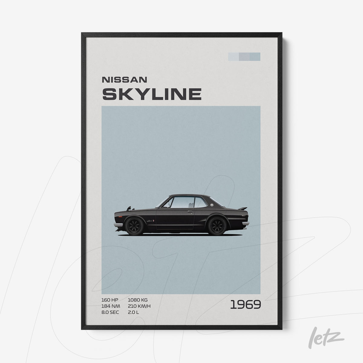 quadro emoldurado com ilustração do carro Nissan Skyline de 1969 em fundo azul claro
