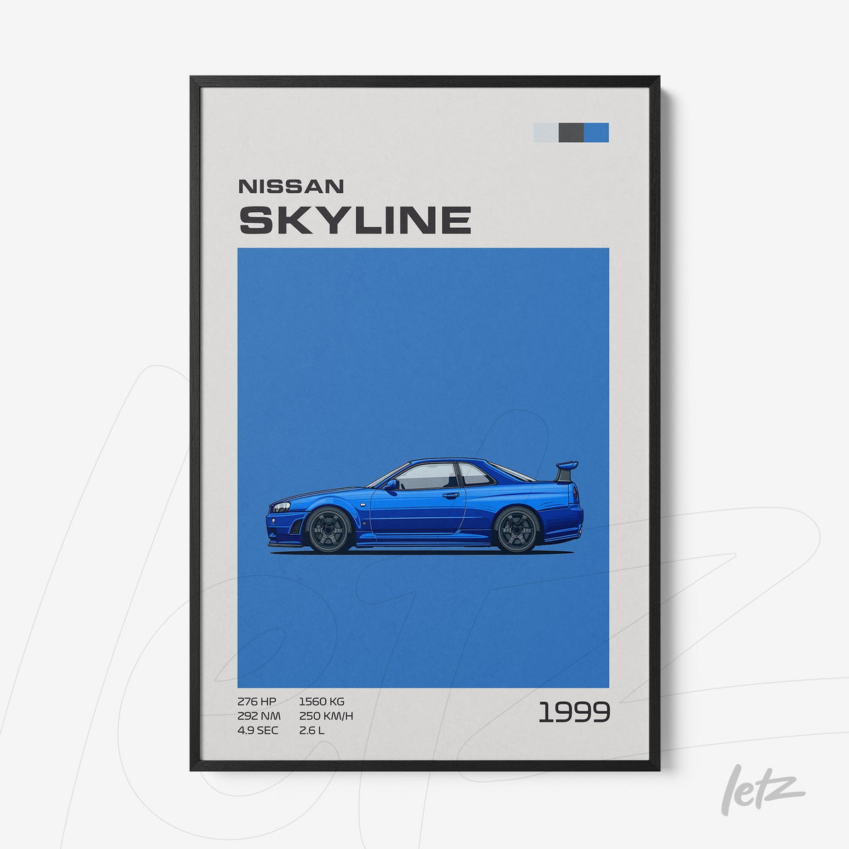 quadro com arte minimalista do carro Nissan Skyline 1999 em destaque sobre fundo azul