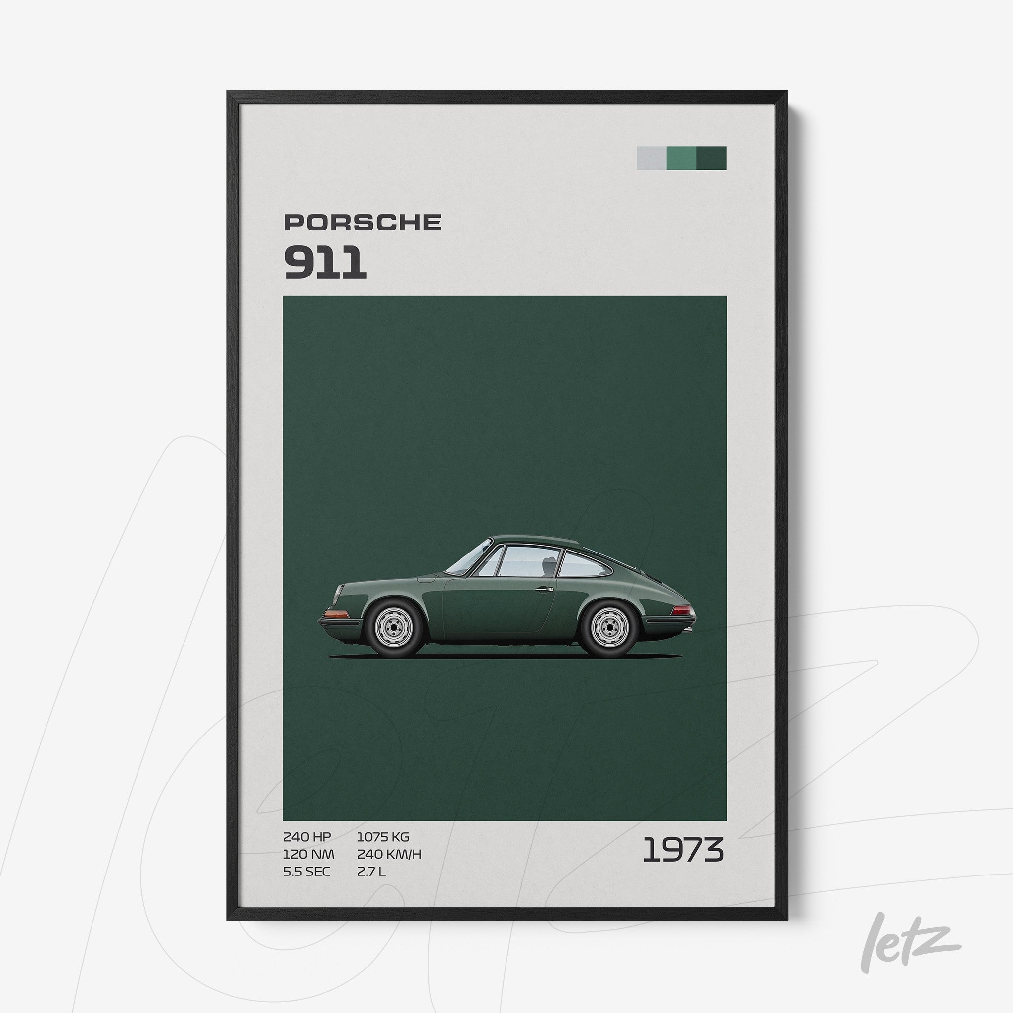 quadro decorativo com arte minimalista do carro Porsche 911 de 1973 em moldura preta