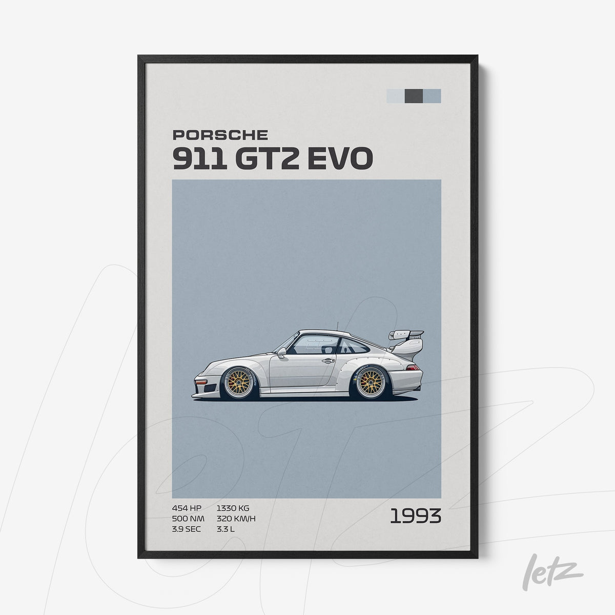 quadro com arte digital de um Porsche 911 GT2 EVO de 1993, ilustração em estilo minimalista sobre fundo azul claro e moldura preta