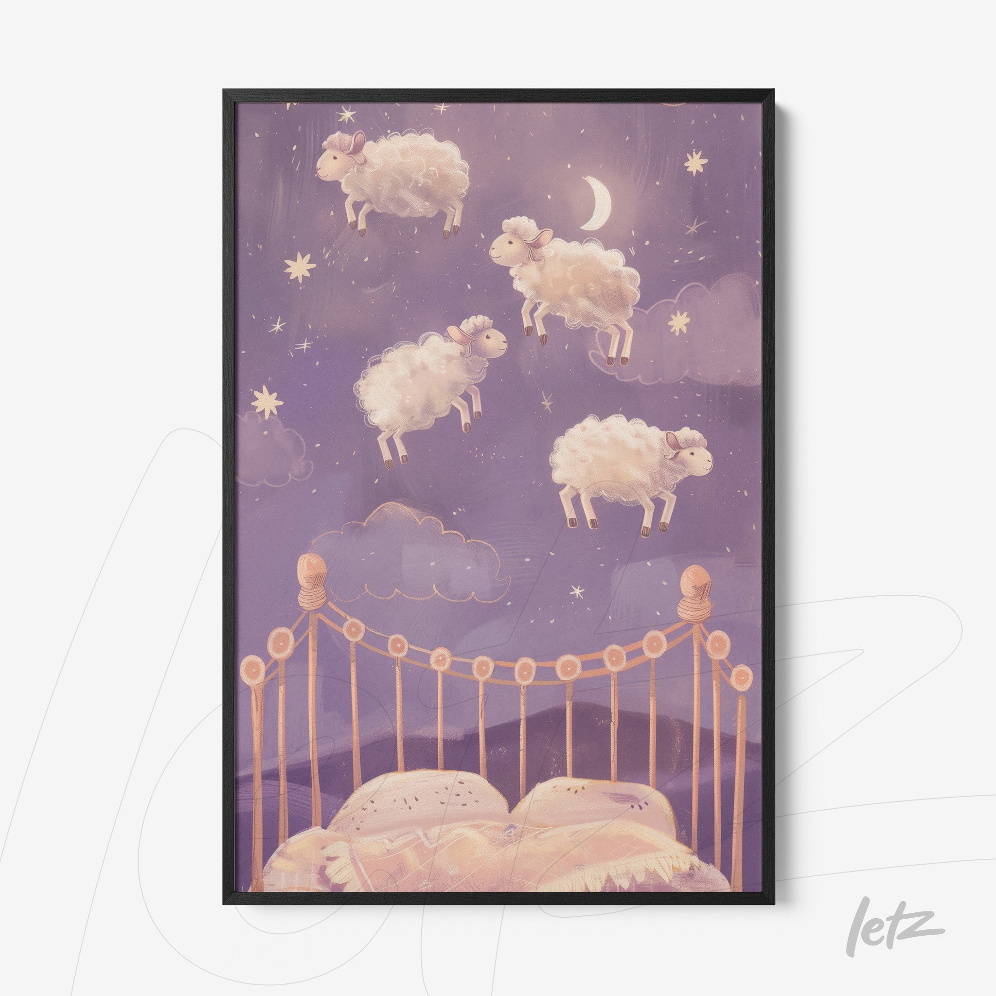 quadro com ilustração de ovelhas voadoras sobre uma cama em um fundo estrelado roxo