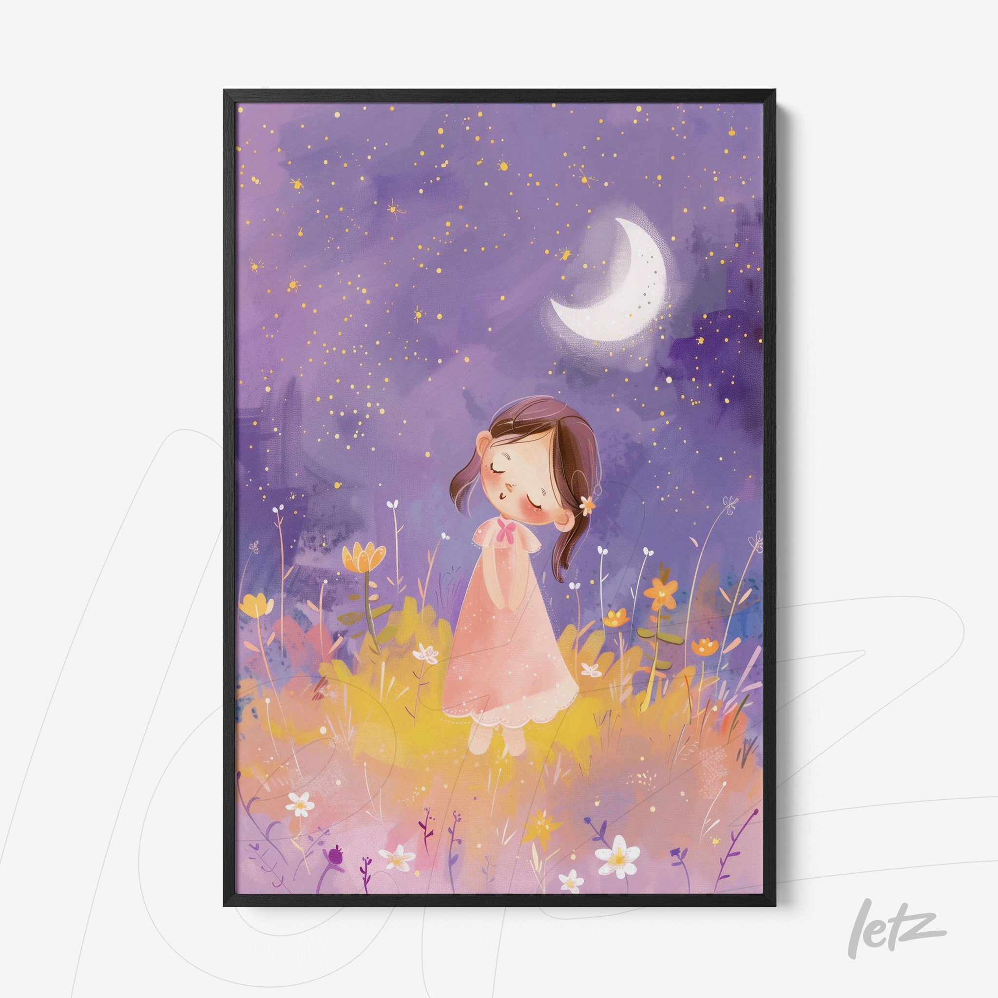 quadro com ilustração infantil de menina em vestido rosa sob a luz da lua e flores coloridas em fundo roxo