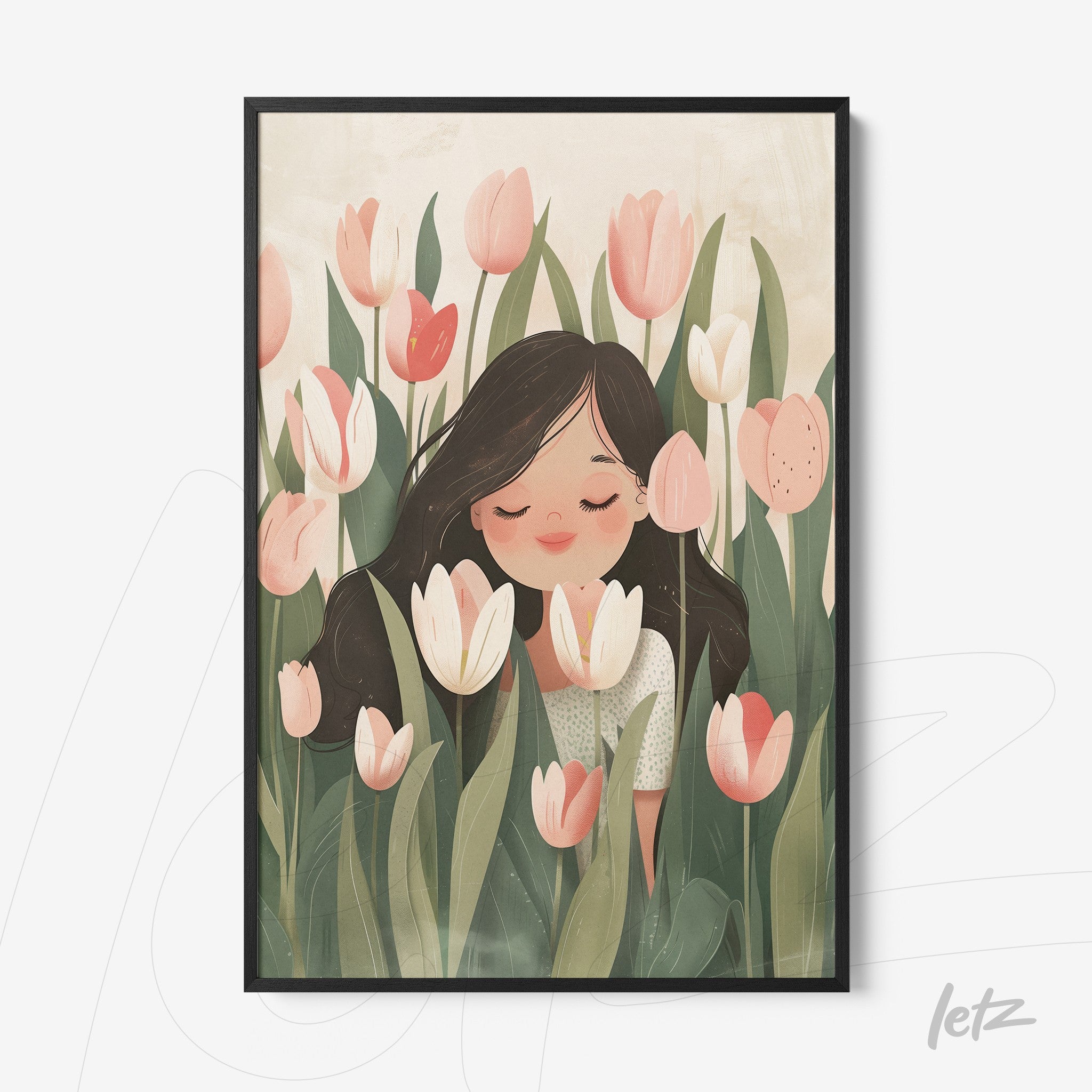 quadro com ilustração de menina cheirando flores em campo de tulipas, moldura preta