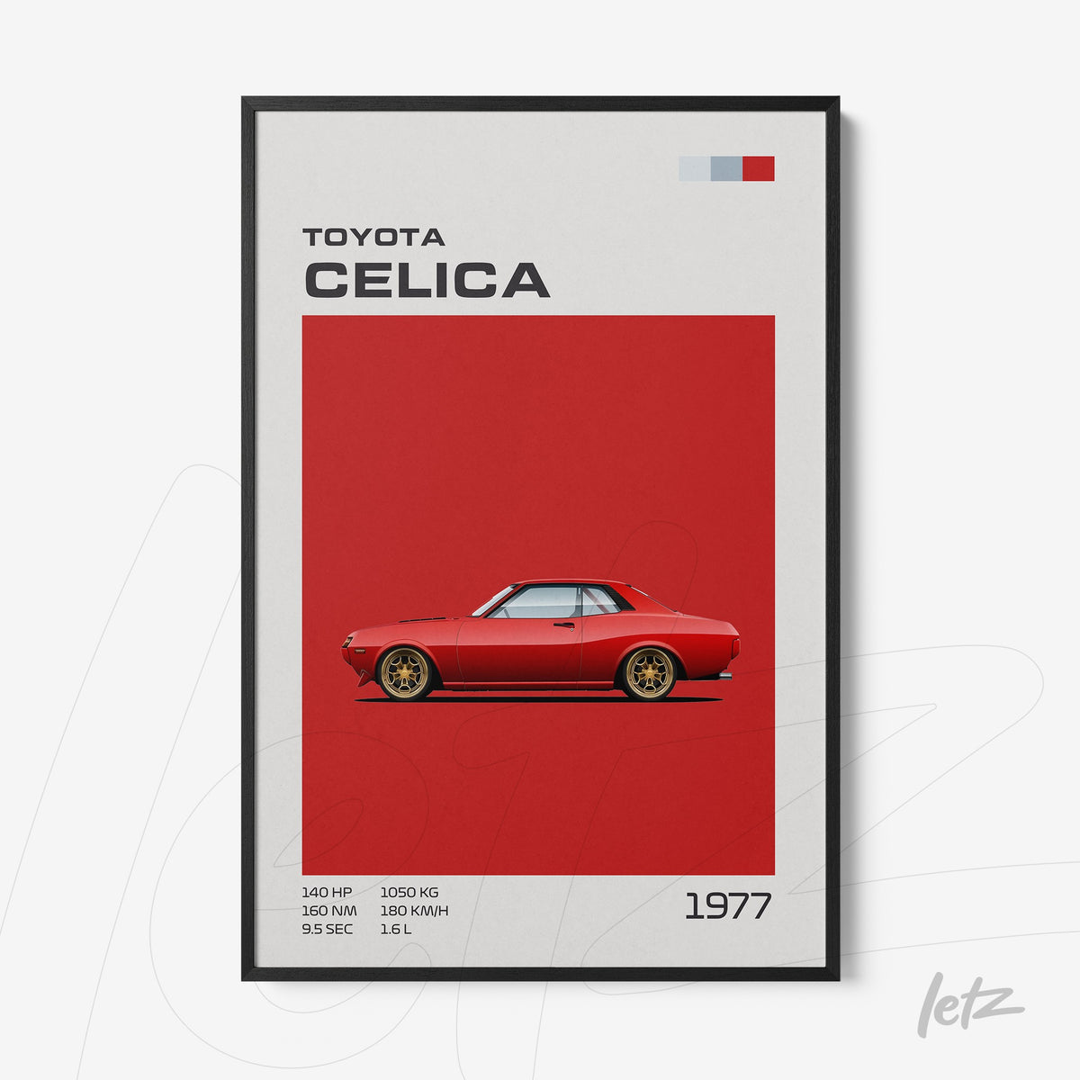 quadro com arte gráfica de um carro Toyota Celica de 1977 em fundo vermelho vibrante com moldura preta