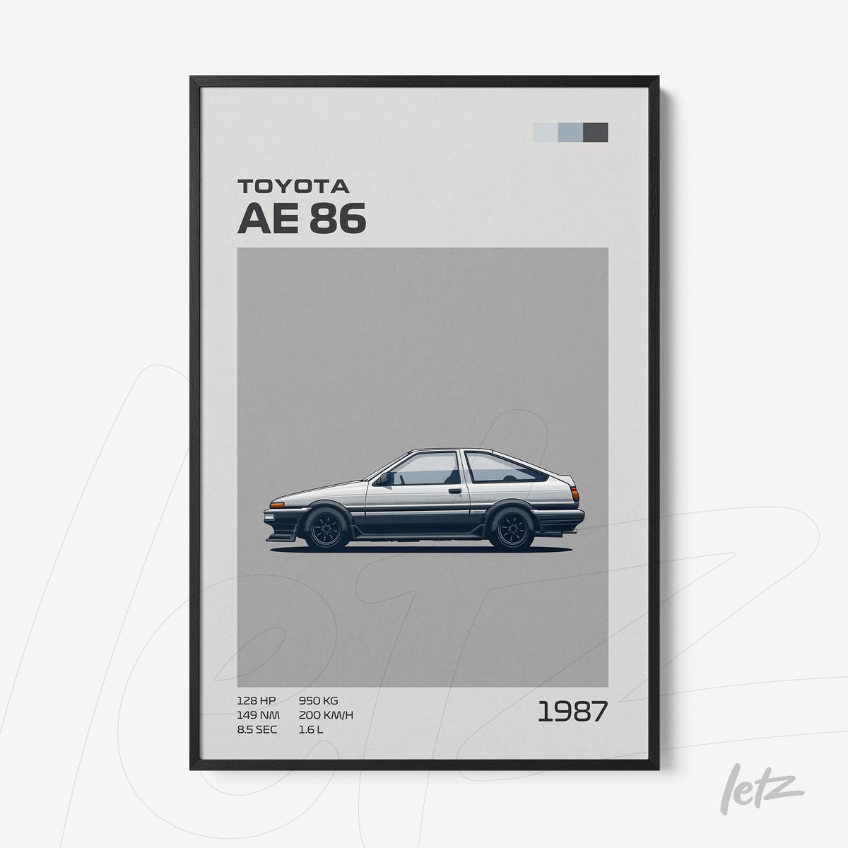 quadro com ilustração retrô do carro Toyota AE86 em moldura preta