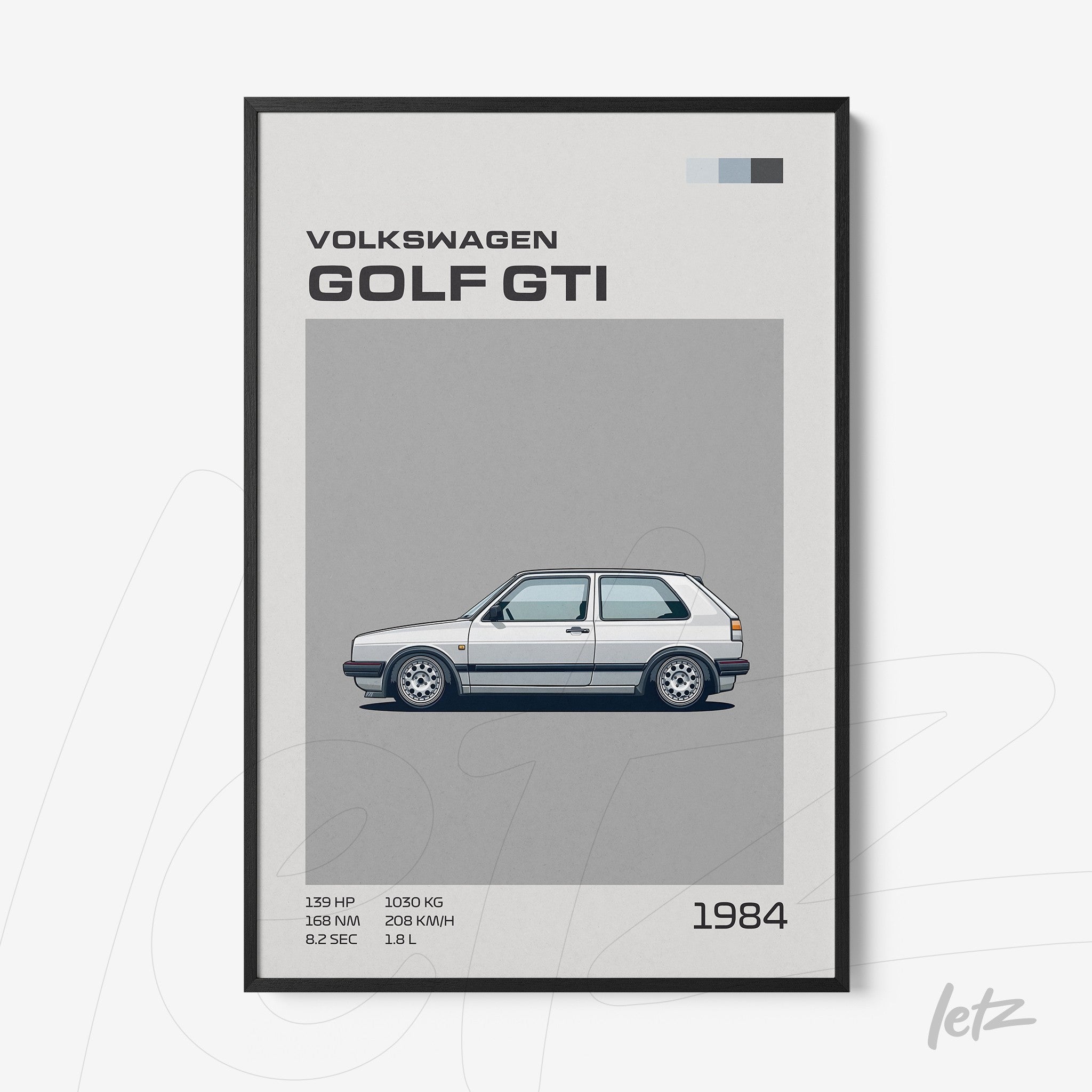 quadro com ilustração minimalista do carro Volkswagen Golf GTI em moldura preta