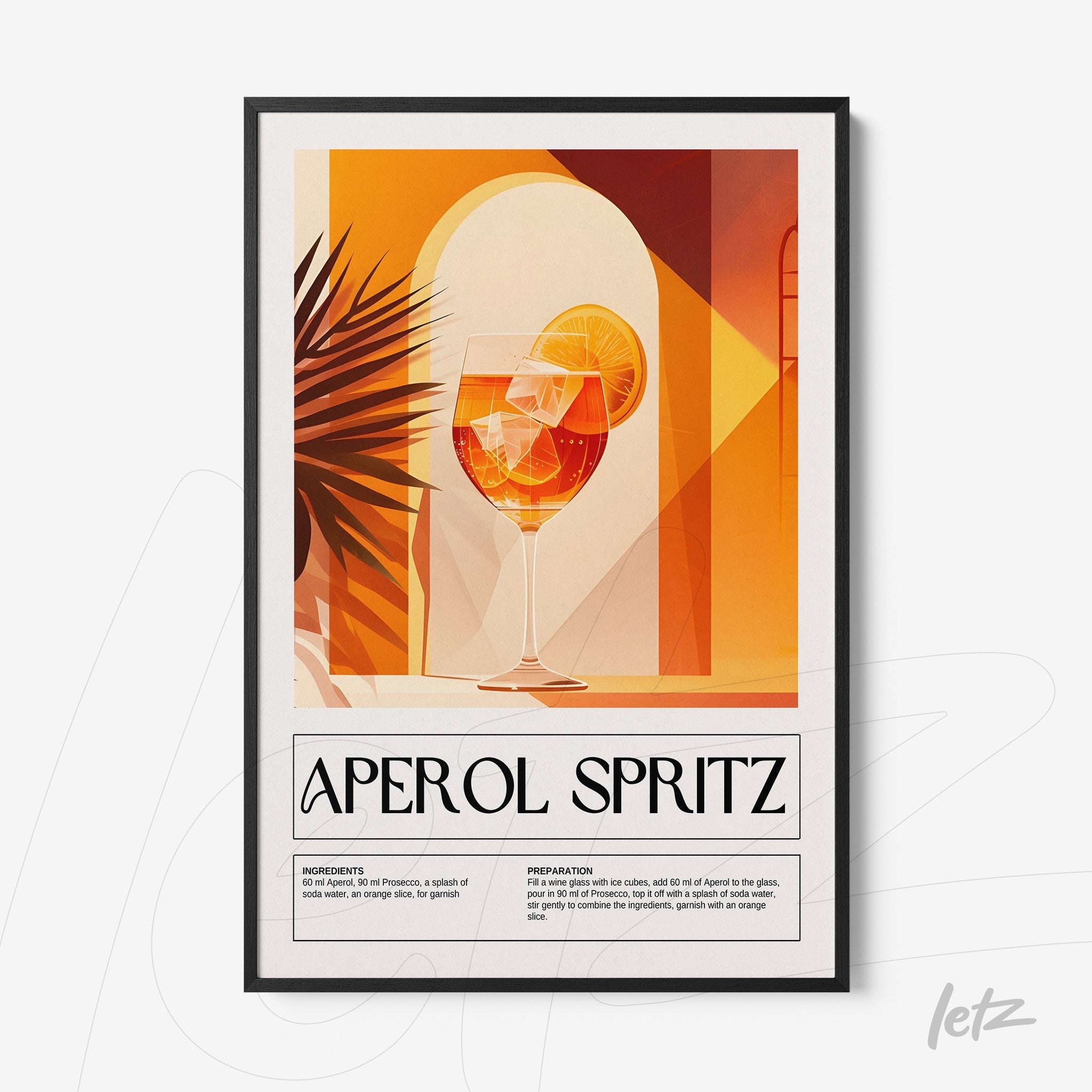 quadro com arte digital do drink aperol spritz em moldura preta com fundo colorido