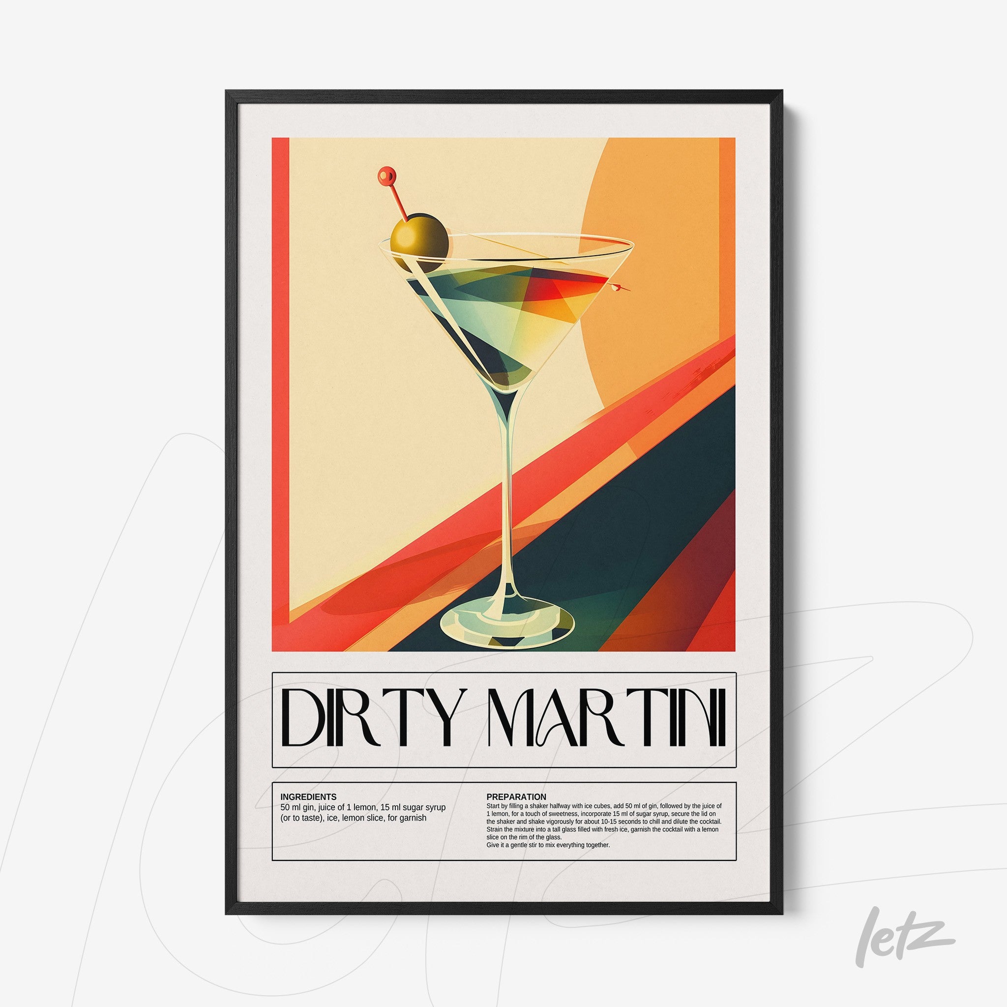 quadro com ilustração estilizada de um drink martini em moldura preta com fundo colorido