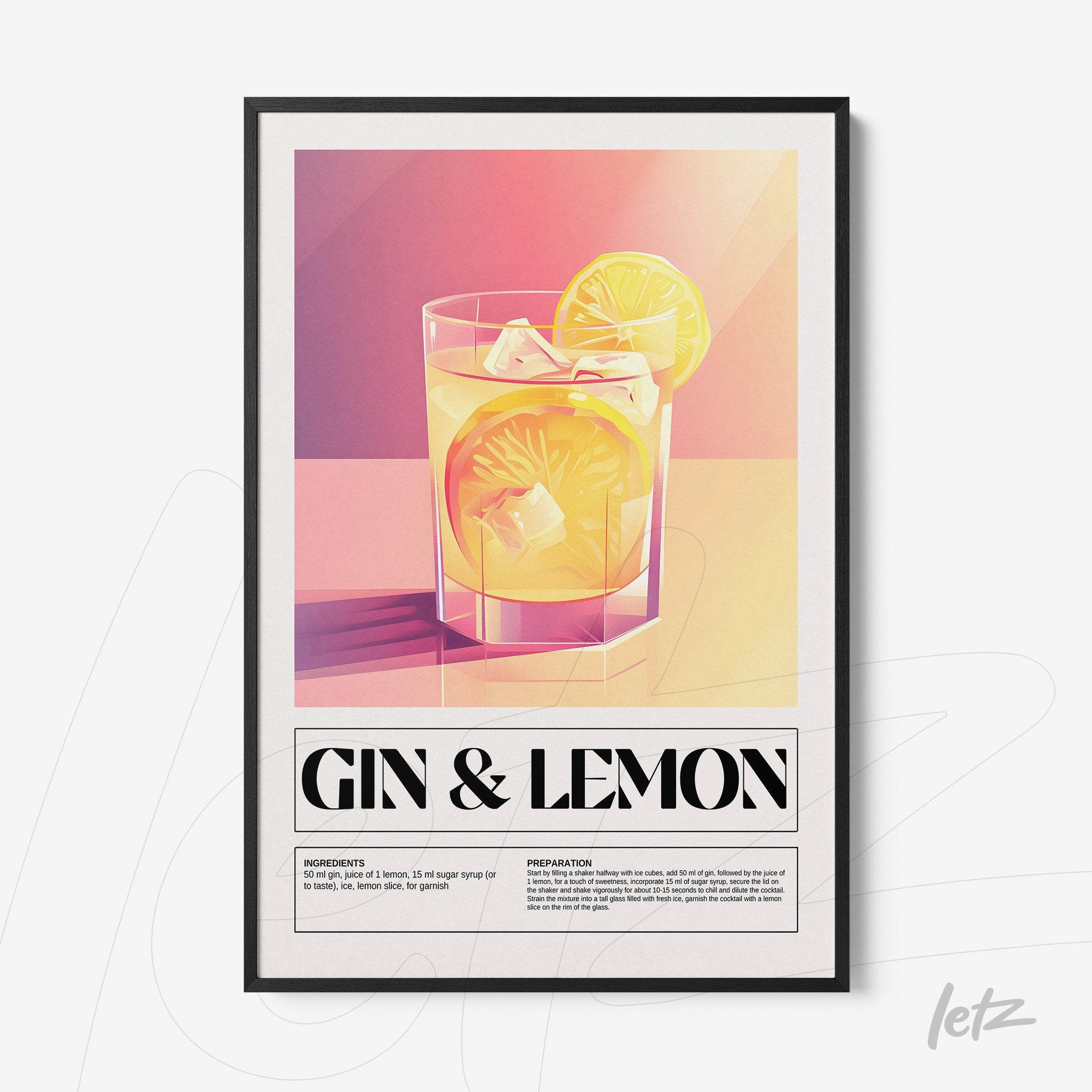 quadro com arte geométrica de drink gin com limão em moldura preta, com fundo em gradiente de cores quentes