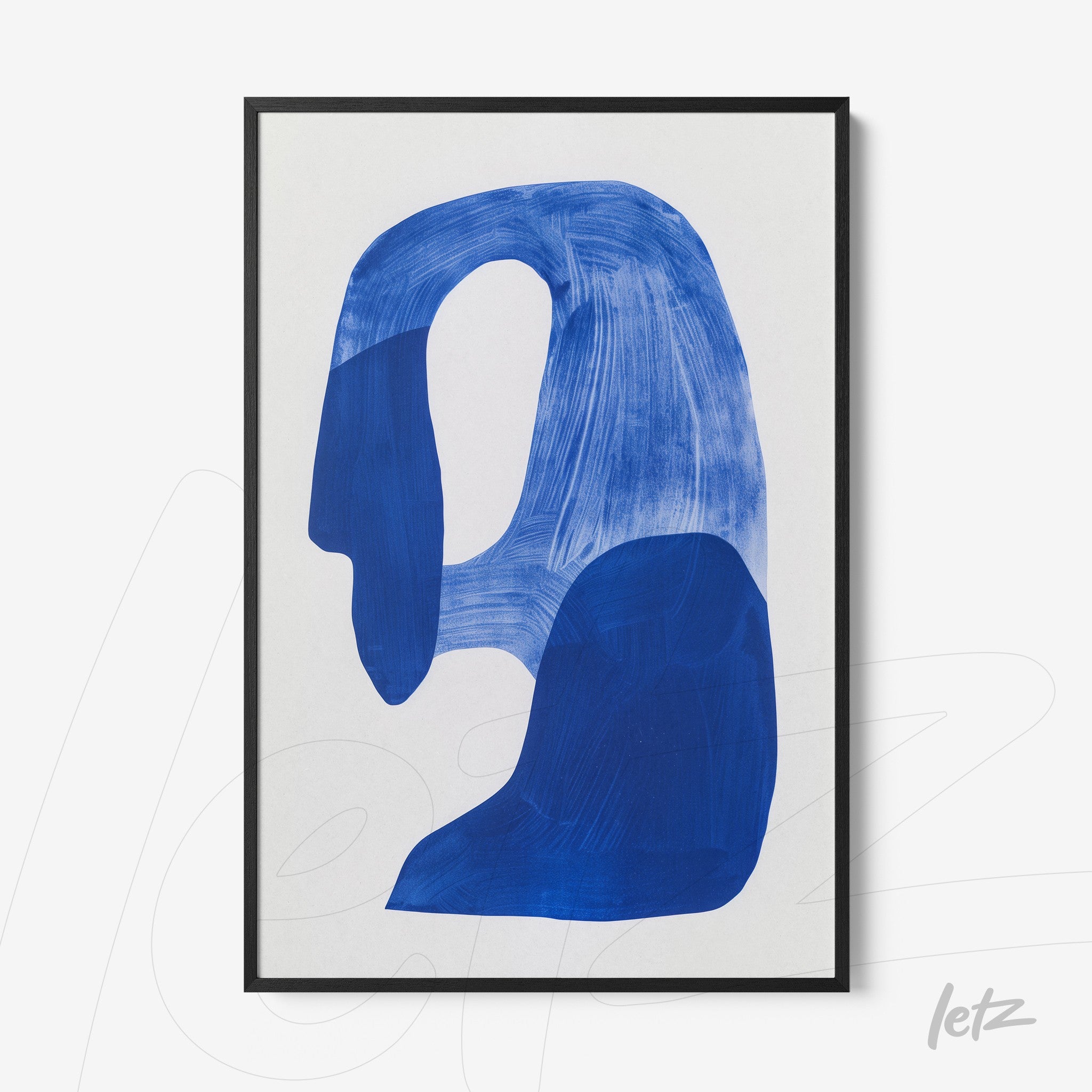 quadro com arte abstrata em tons de azul em moldura preta