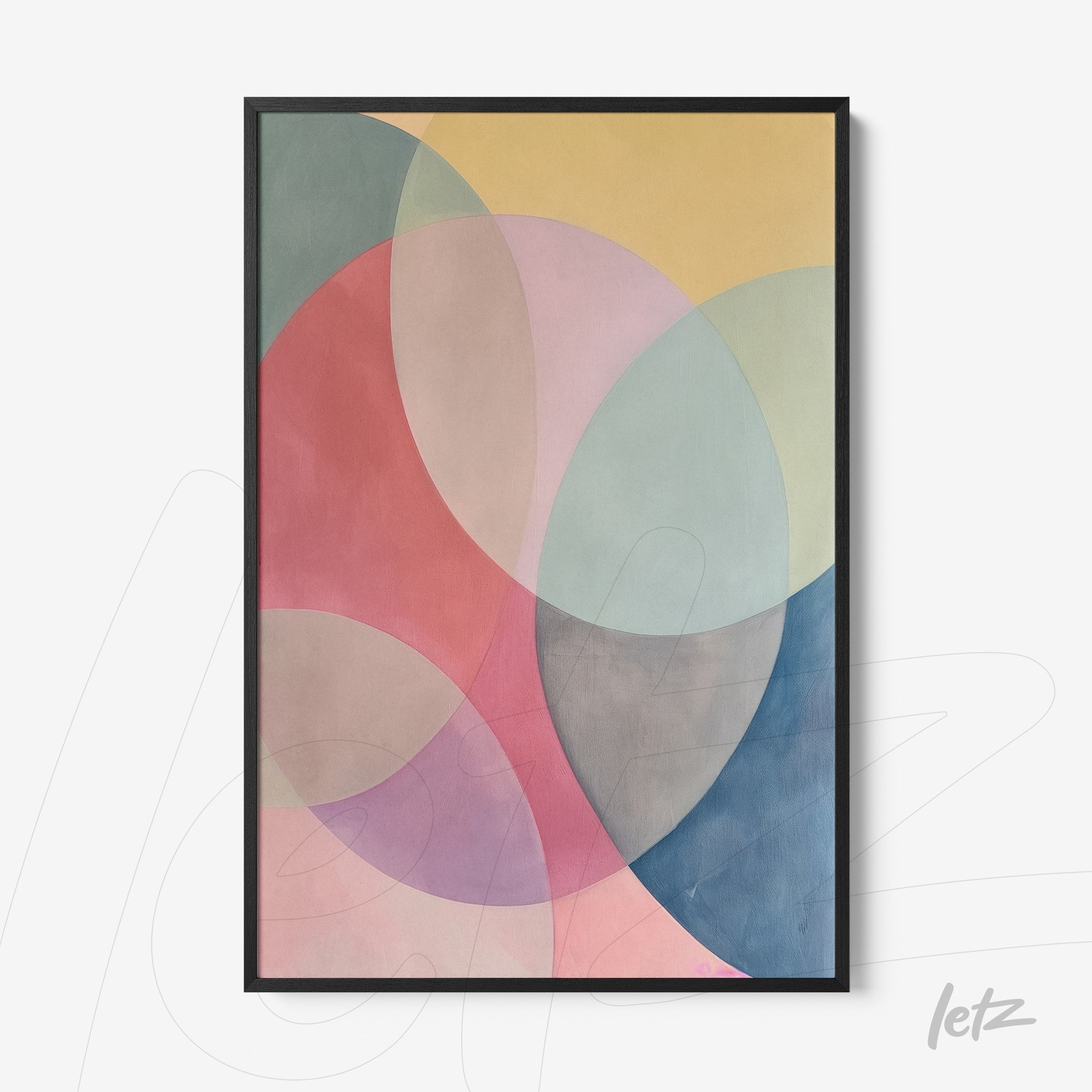 quadro com arte abstrata em formas circulares em tons de rosa, azul e amarelo, envolto em moldura preta