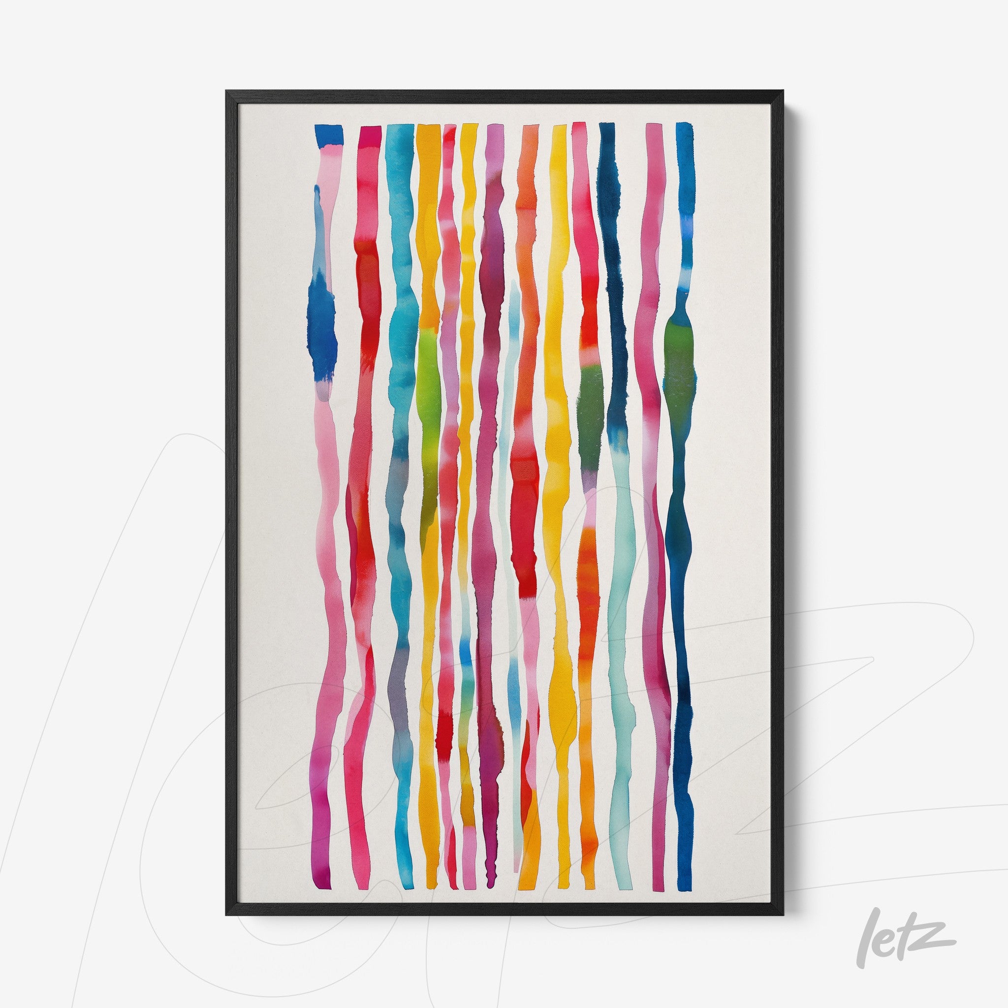 quadro com arte abstrata em tons vibrantes de rosa, azul e laranja, em moldura preta