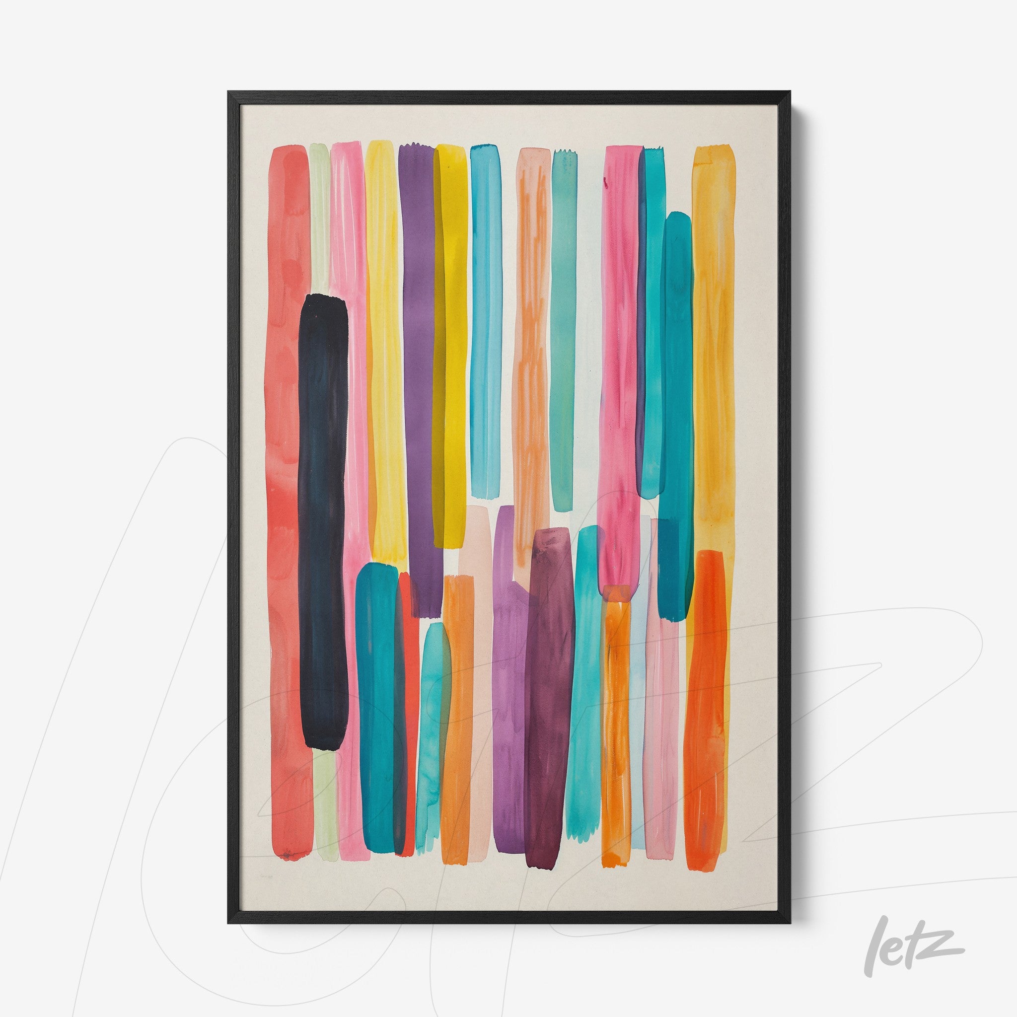 quadro com arte abstrata composta por pinceladas coloridas em moldura preta