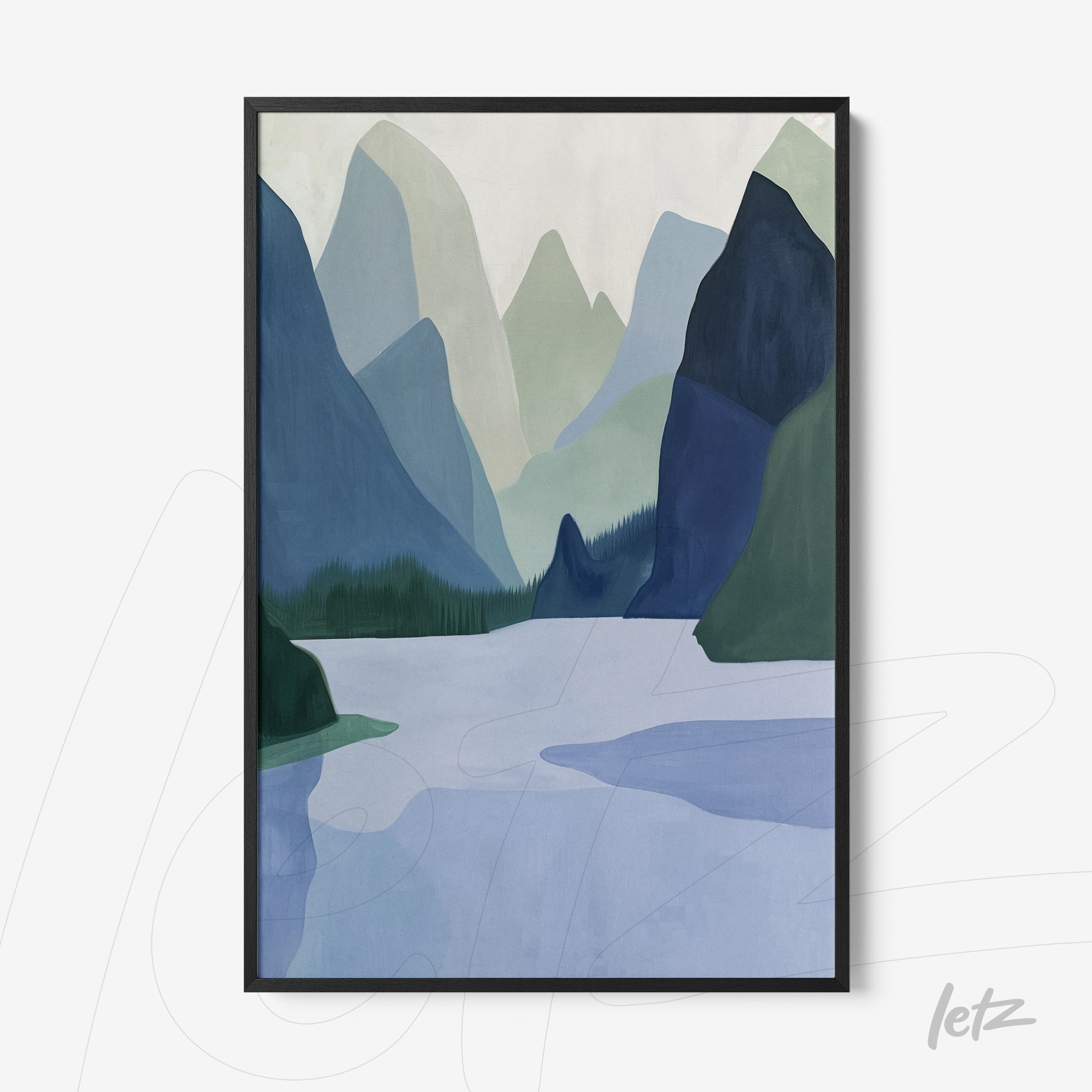 quadro com arte abstrata de montanhas e lago na tonalidade azul em moldura preta