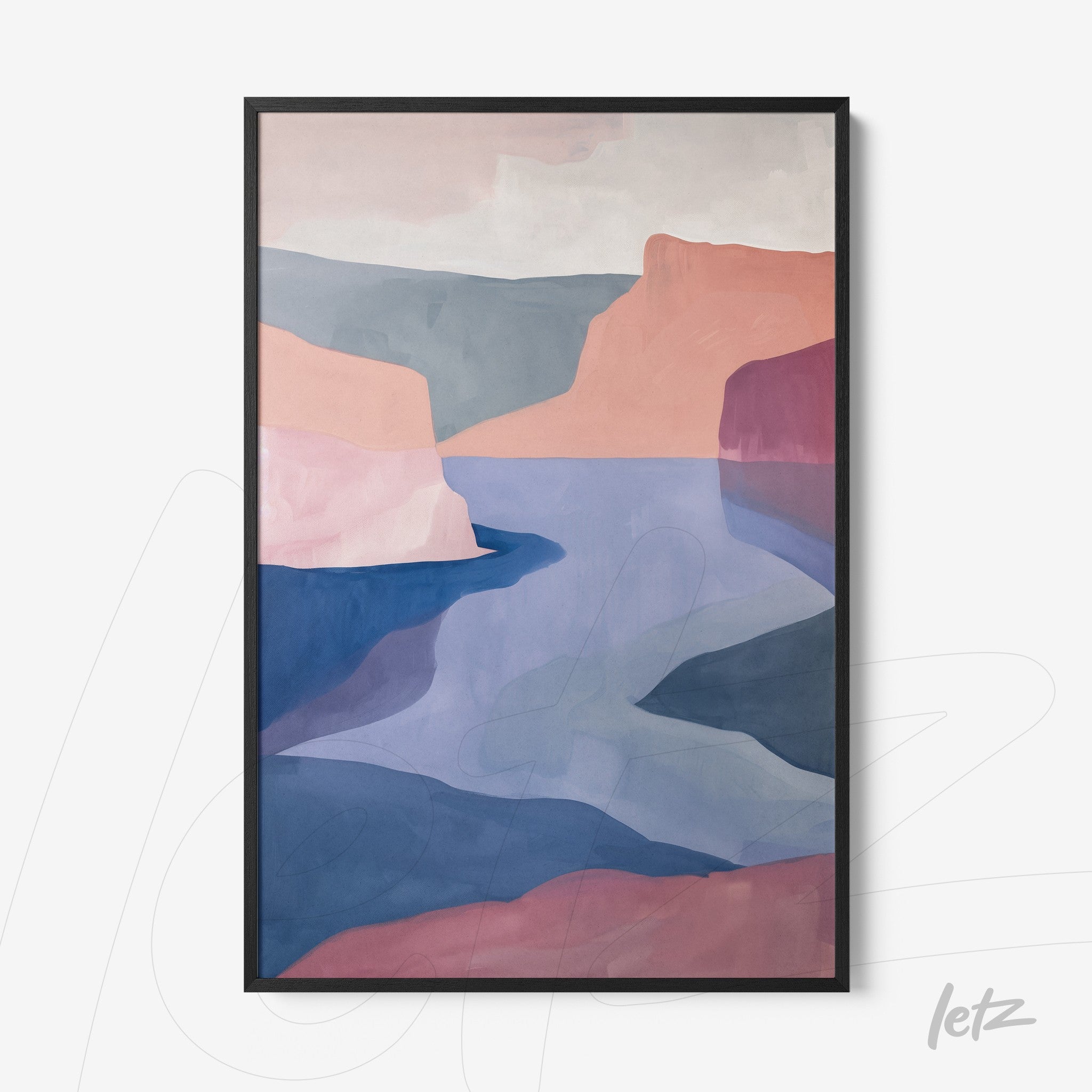 quadro com arte abstrata de paisagem com montanhas em tons suaves de rosa e azul em moldura preta