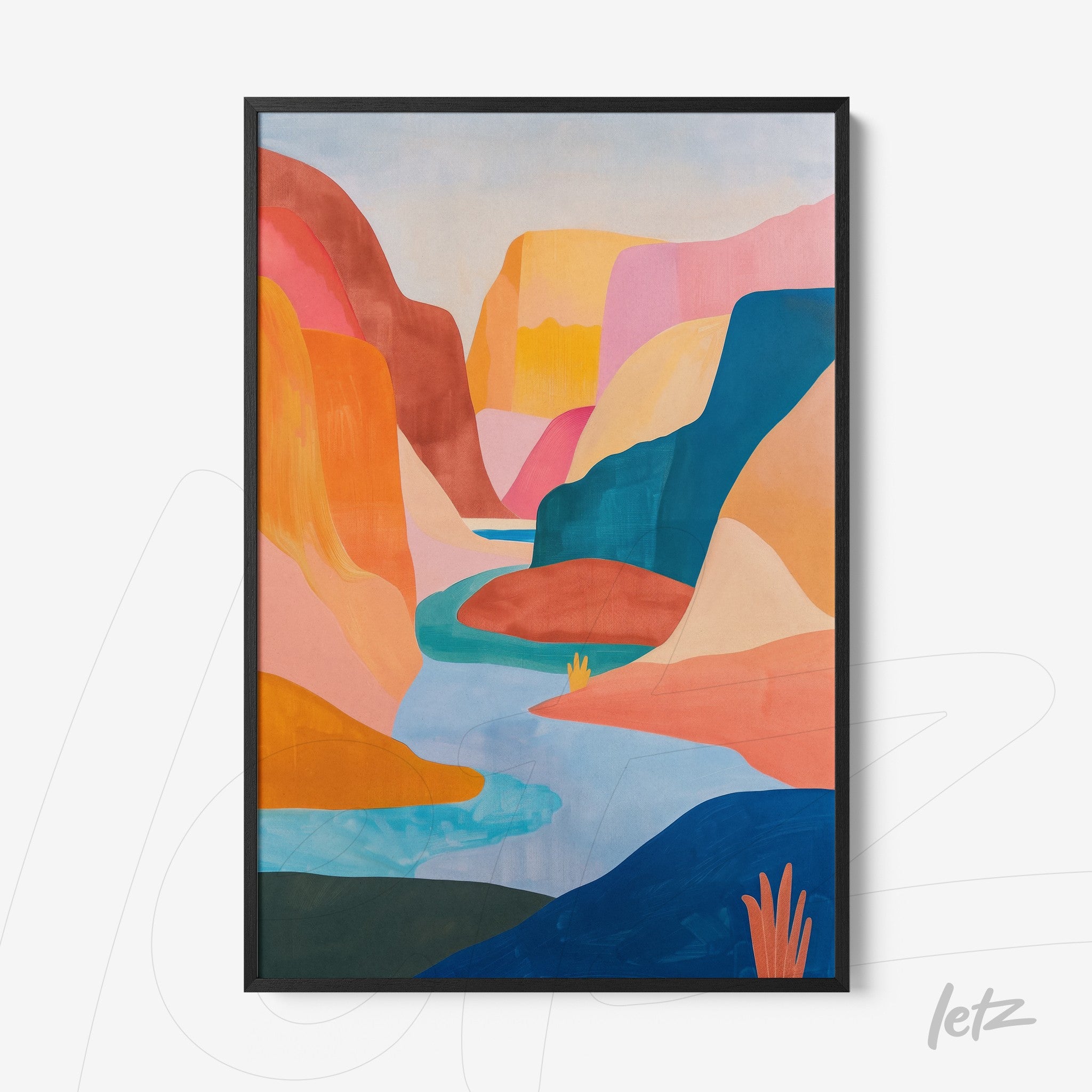 quadro com arte abstrata de paisagem em cores vibrantes, moldura preta
