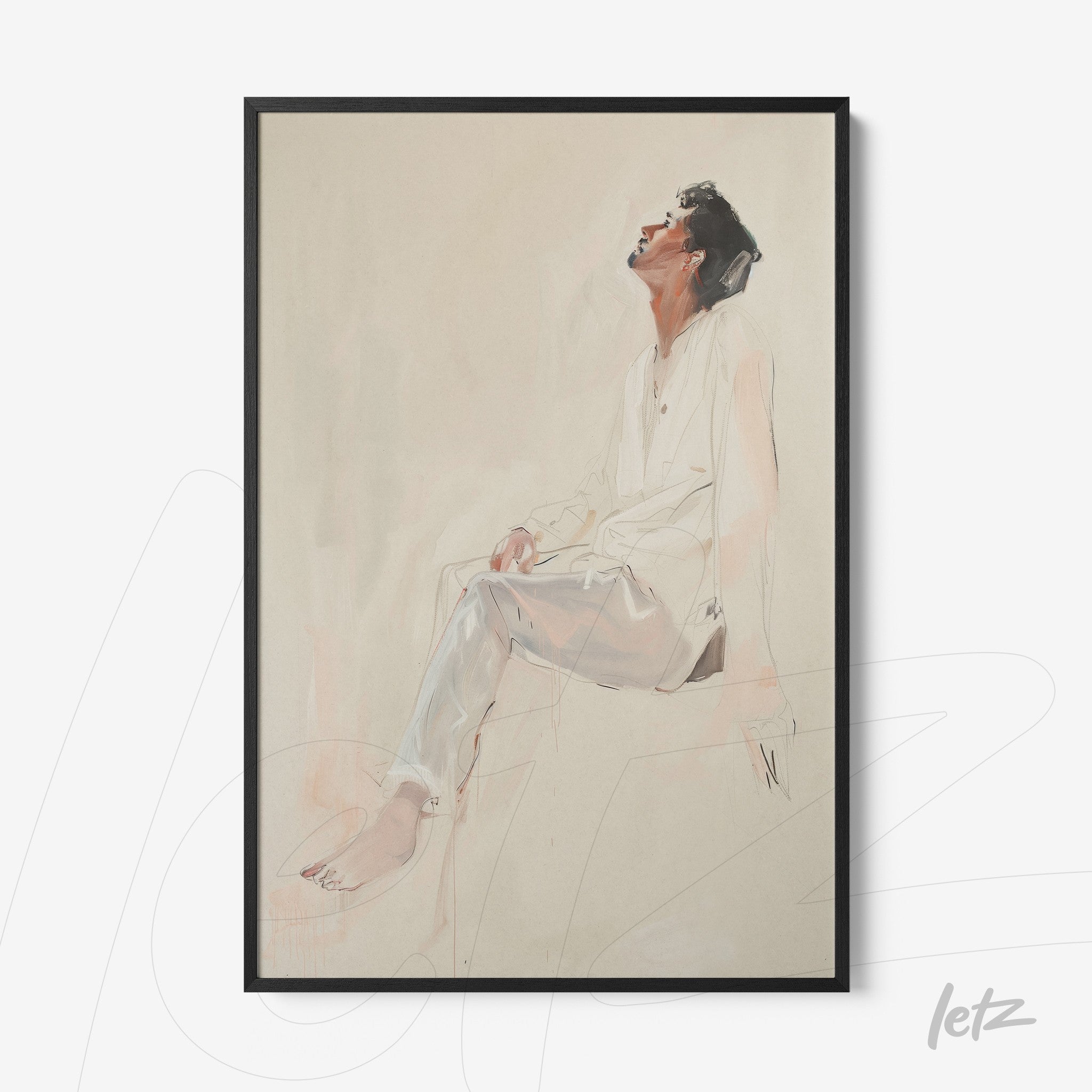 quadro com arte figurativa de uma pessoa sentada, com expressão contemplativa, moldura preta