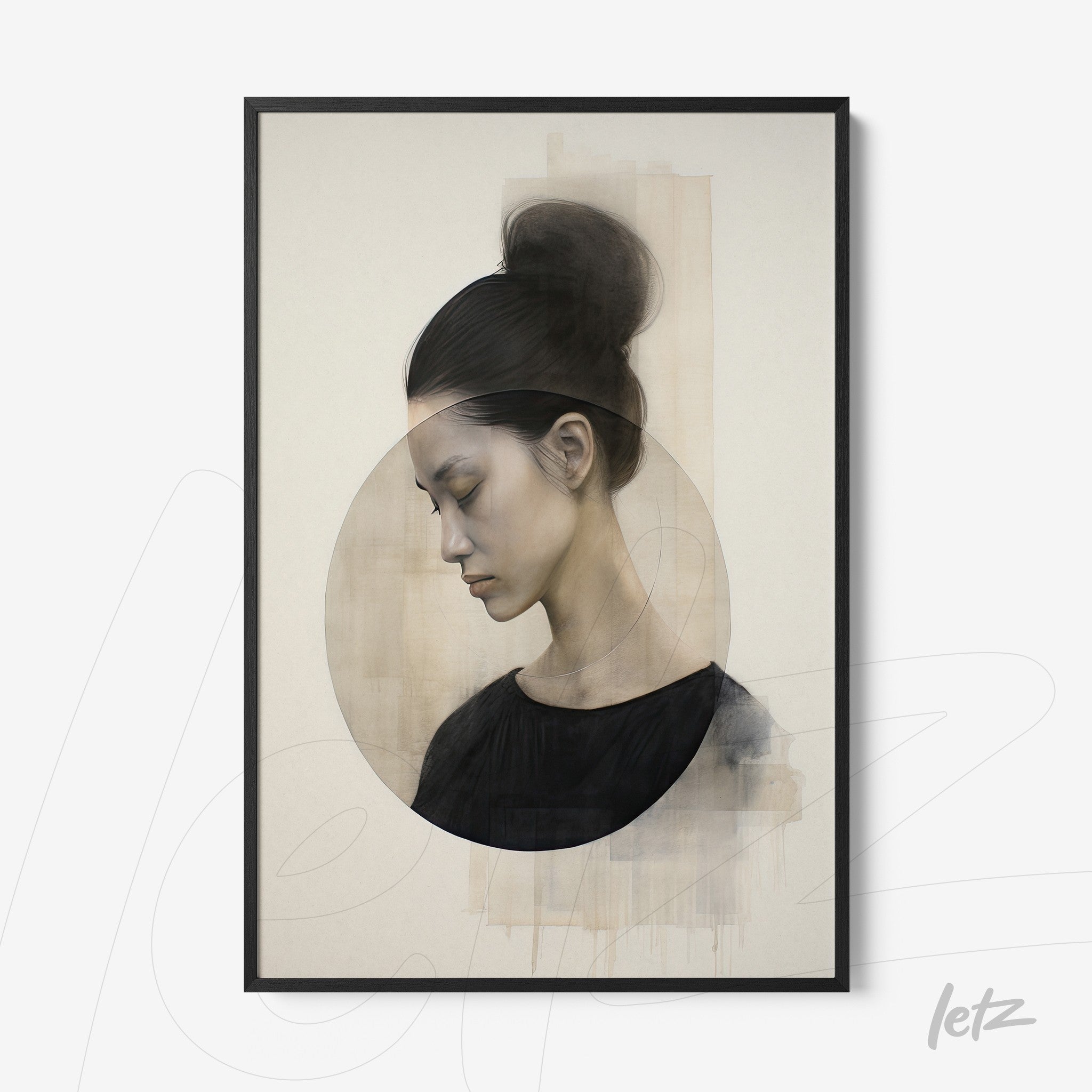 quadro com retrato feminino em tons neutros, com círculos sobrepostos e fundo abstrato