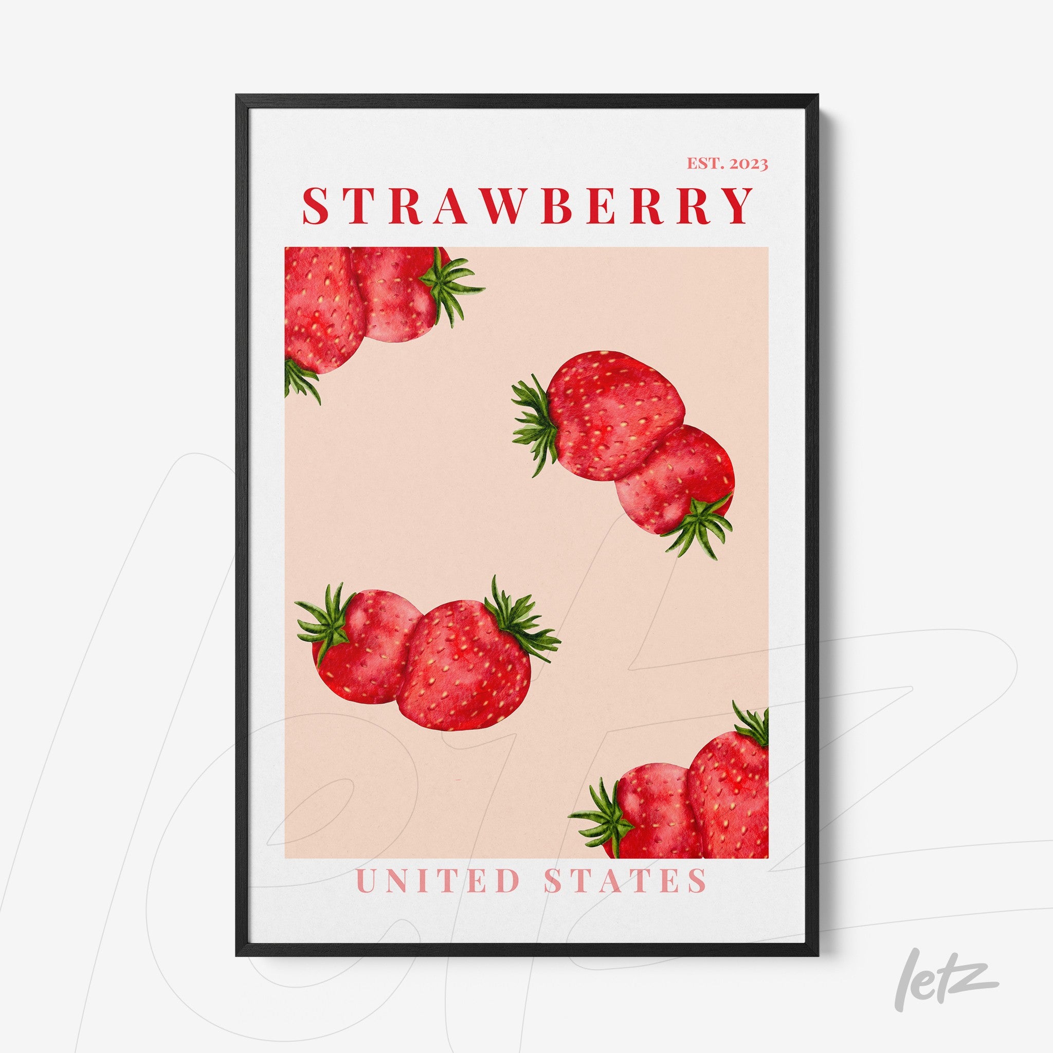 quadro com arte de morangos em fundo rosa com moldura preta