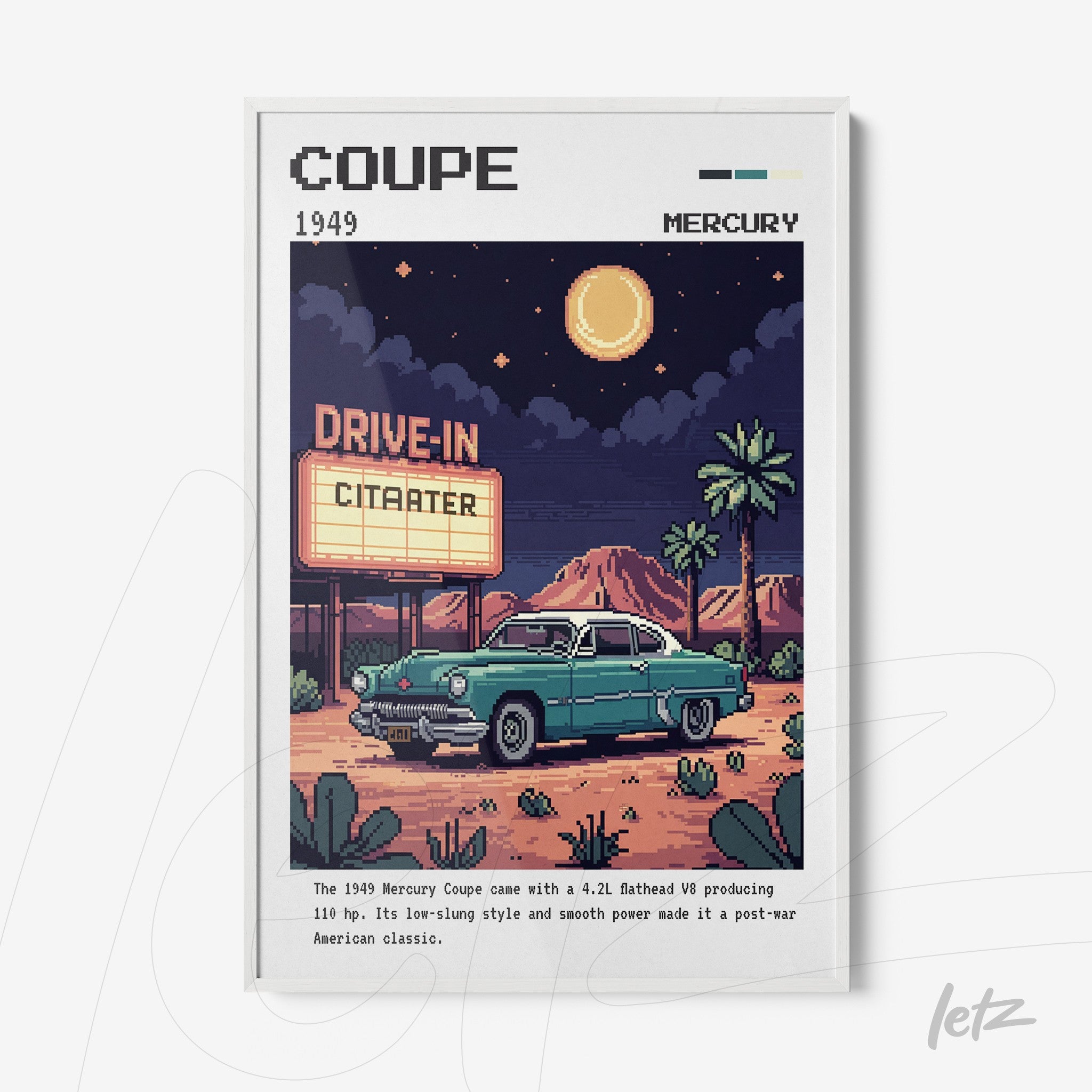 quadro com arte retrô de um carro Mercury Coupe de 1949 em frente a um drive-in, com um céu noturno e montanhas ao fundo