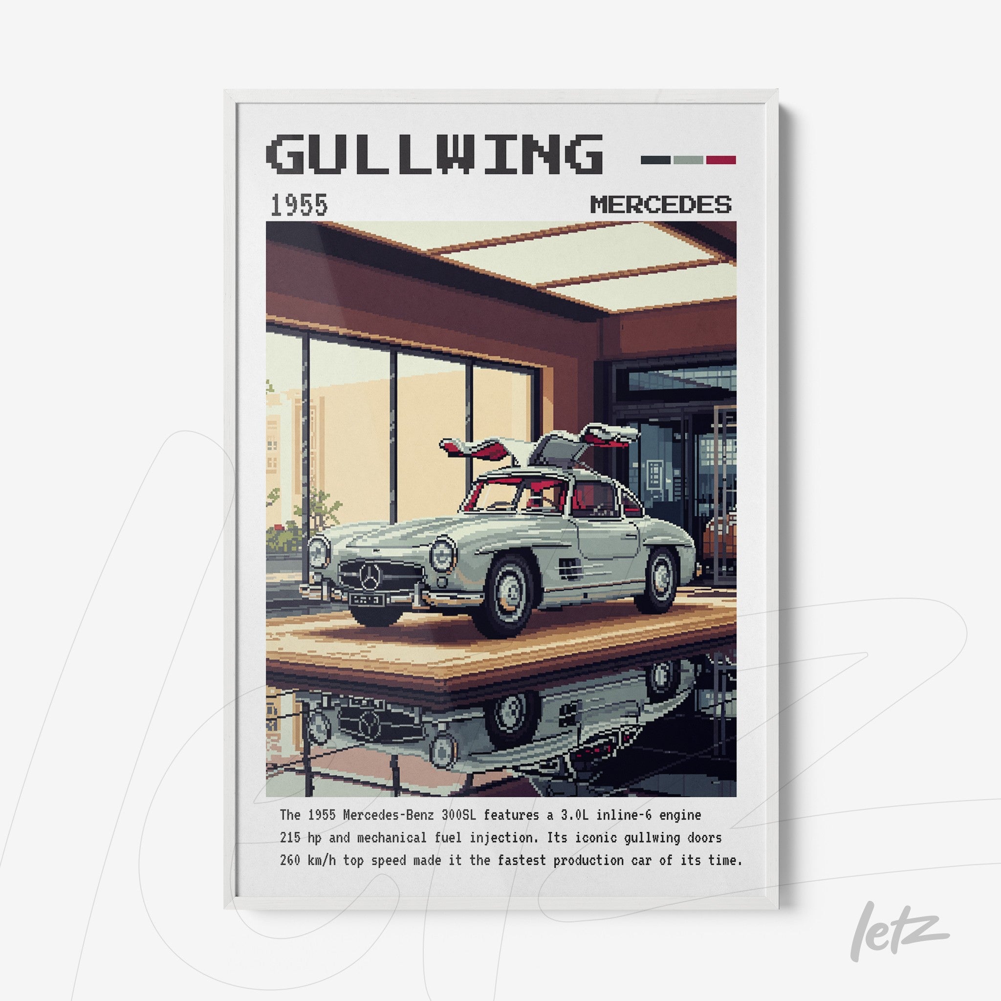 quadro com arte pixelada do carro Mercedes-Benz 300SL Gullwing em moldura branca