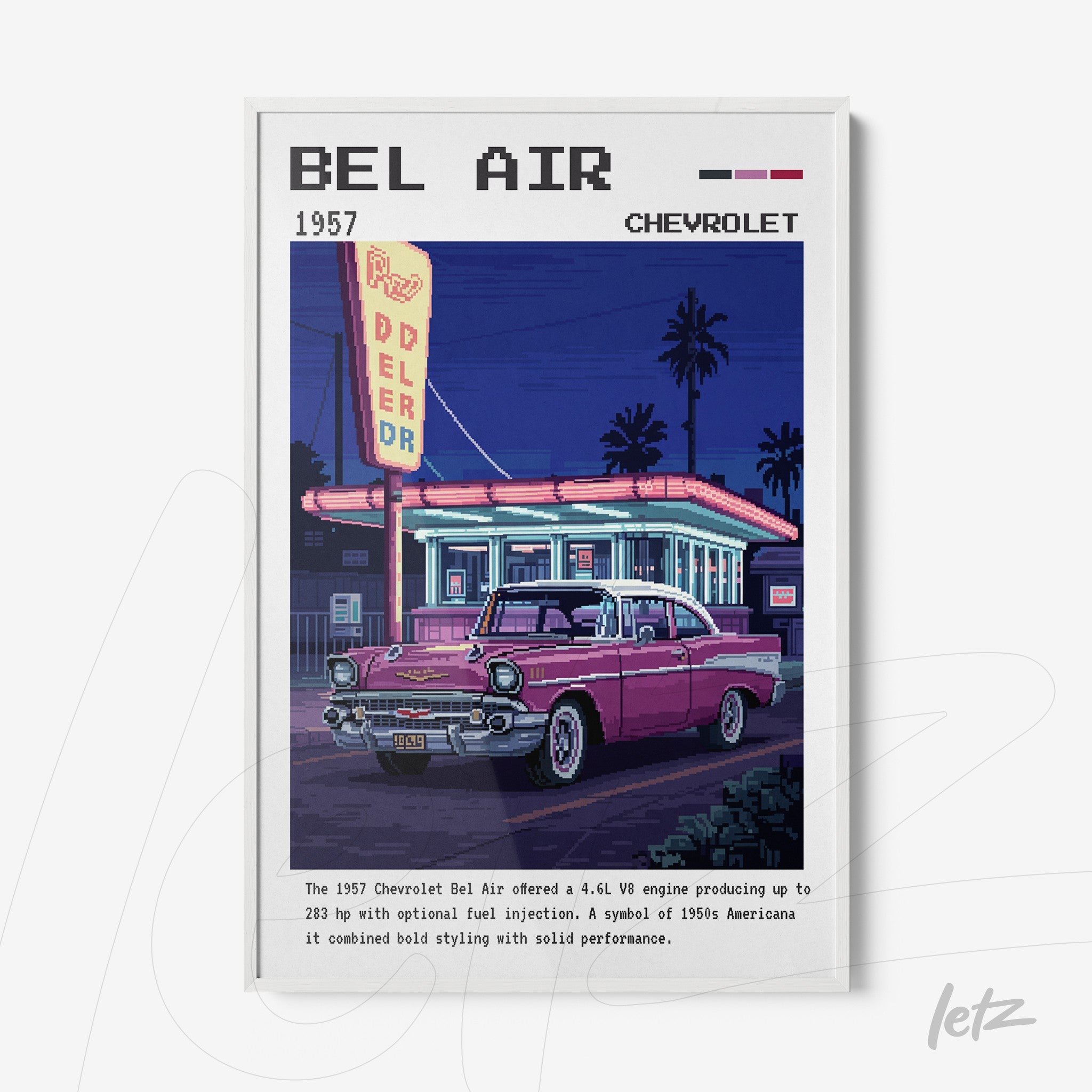 quadro com arte digital retrô de um Chevrolet Bel Air de 1957 em frente a um diner iluminado à noite com palmeiras ao fundo