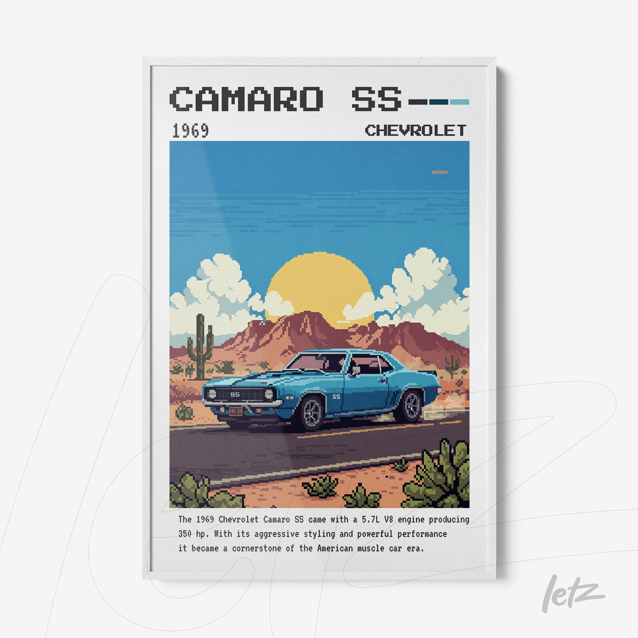 quadro com arte de carro vintage Camaro SS de 1969 em moldura branca com fundo desértico e cactos