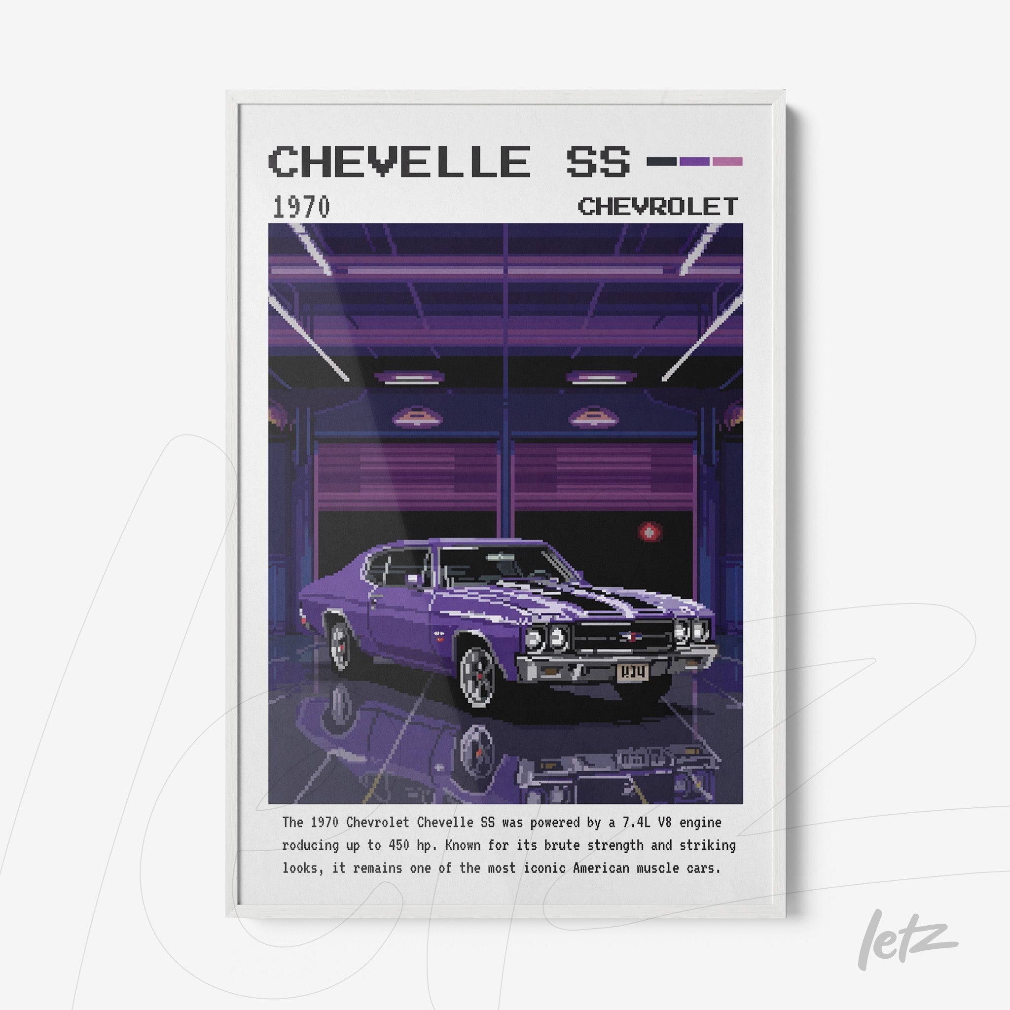 quadro com arte digital do Chevrolet Chevelle SS 1970 em estilo pixelado com moldura branca