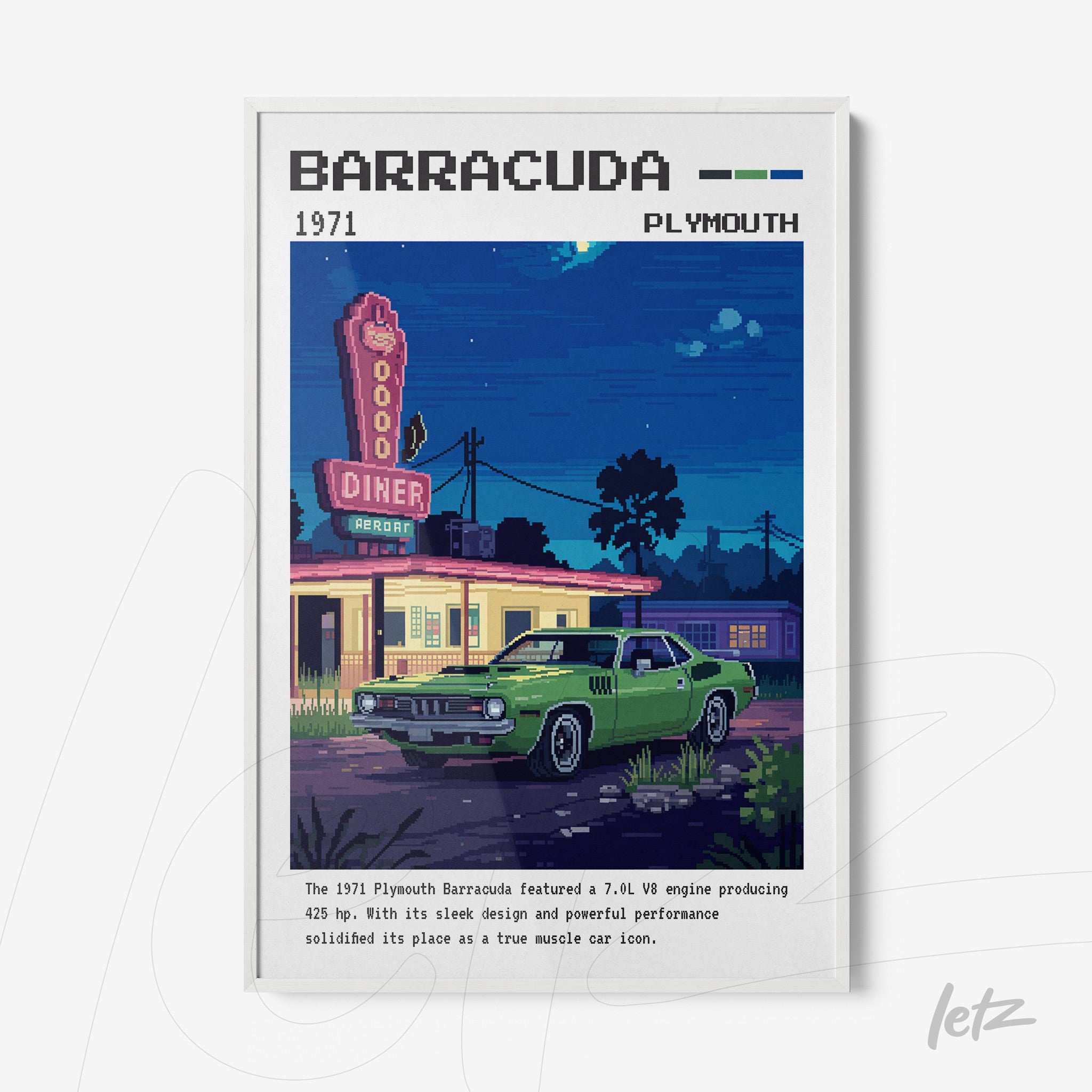 quadro com arte pixelada de um carro Plymouth Barracuda verde em frente a um diner retrô iluminado por neon