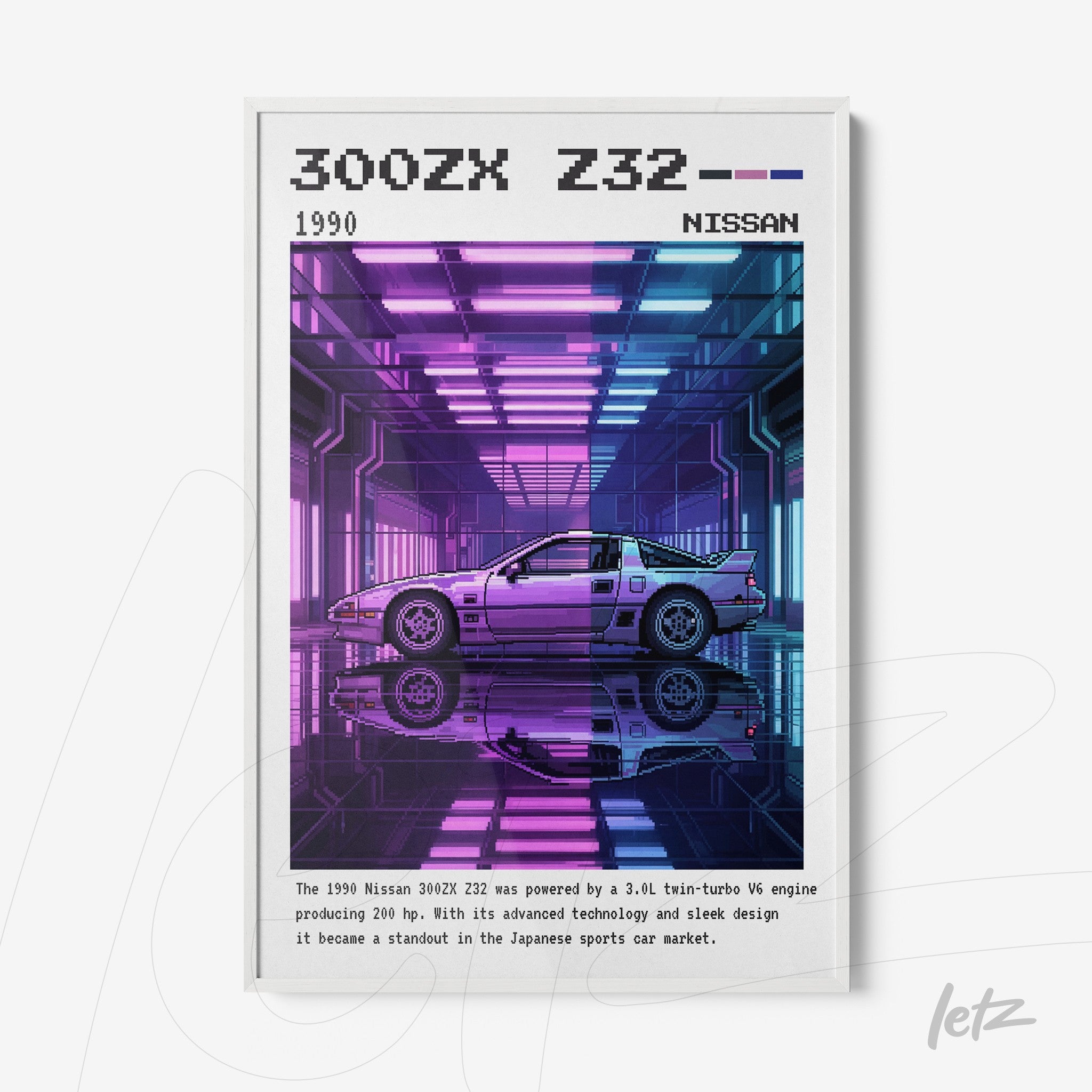 quadro emoldurado com arte retro da Nissan 300ZX Z32 em destaque sob luzes neon roxas e azuis