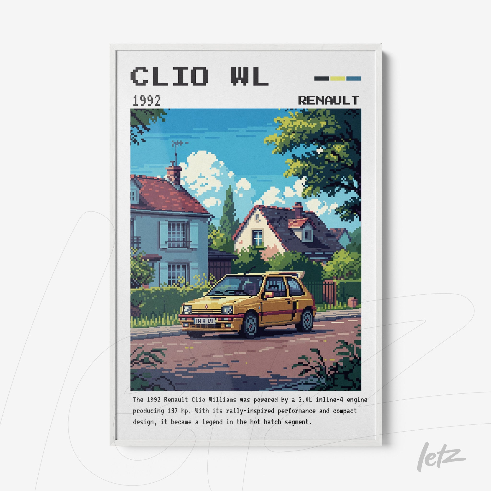quadro colorido com ilustração pixelada de um Renault Clio Williams amarelo estacionado em frente a uma casa com jardim em estilo retrô