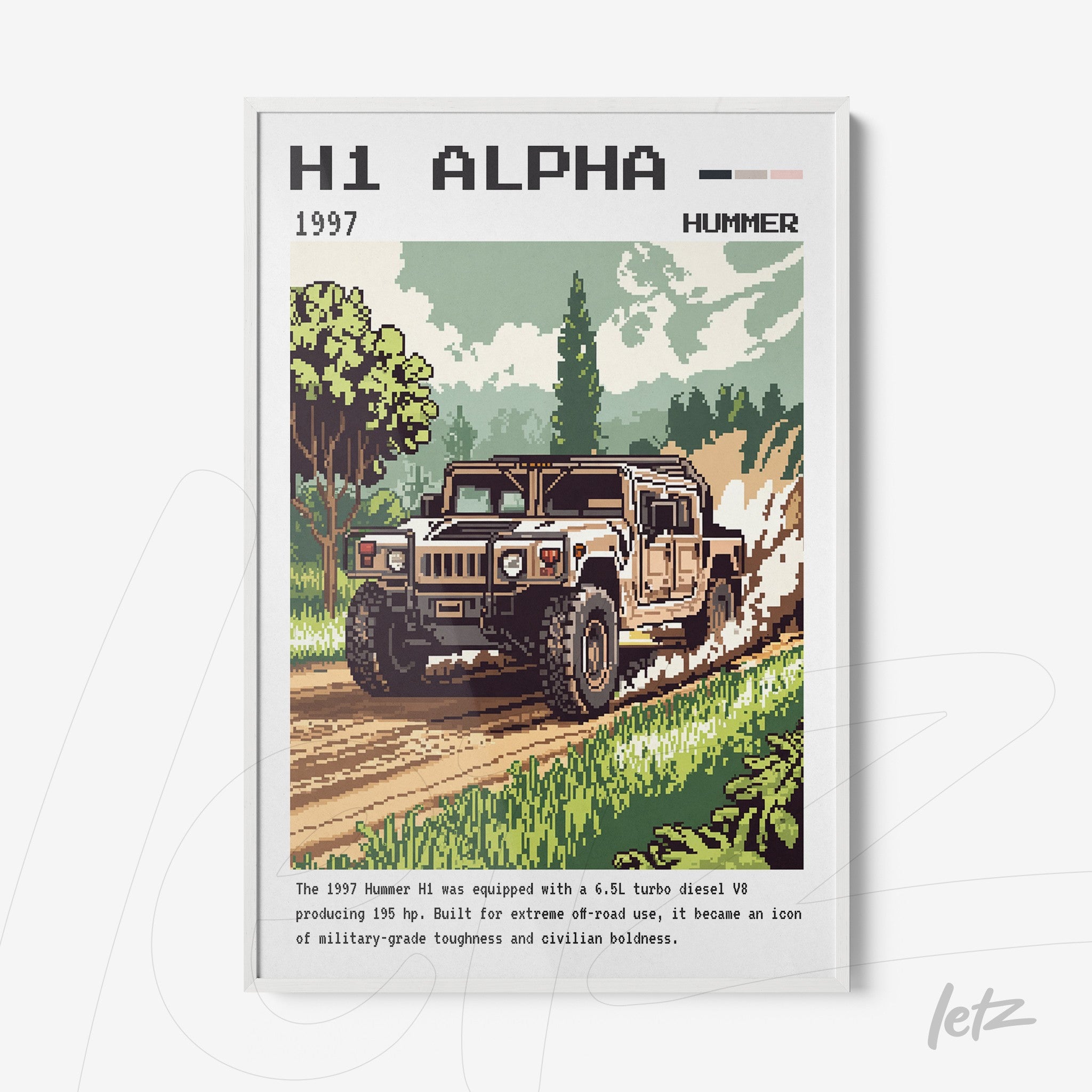 quadro estilo retrô com ilustração pixelada do Hummer H1 1997 em moldura branca