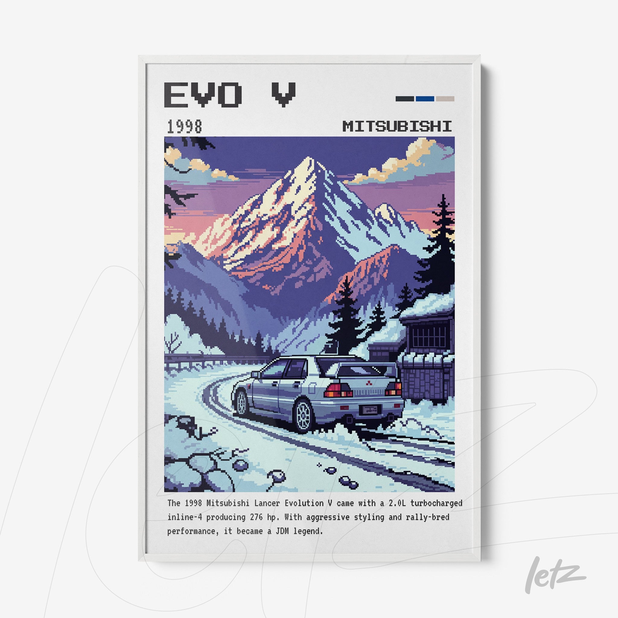 quadro com ilustração em pixel art do Mitsubishi Lancer Evolution V em um cenário montanhoso com céu ao entardecer