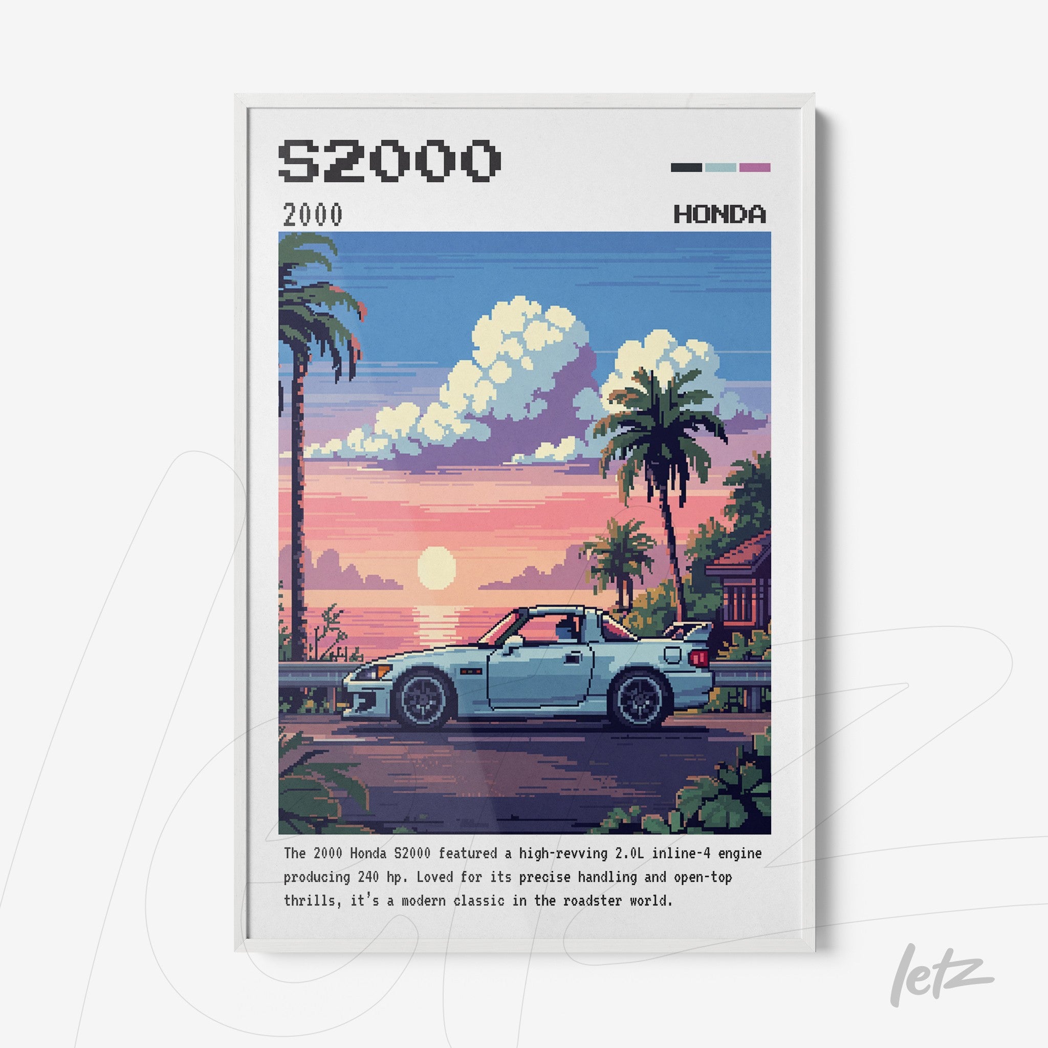 quadro com arte pixelada do carro Honda S2000 em uma estrada à beira-mar ao pôr do sol, com palmeiras e céu colorido