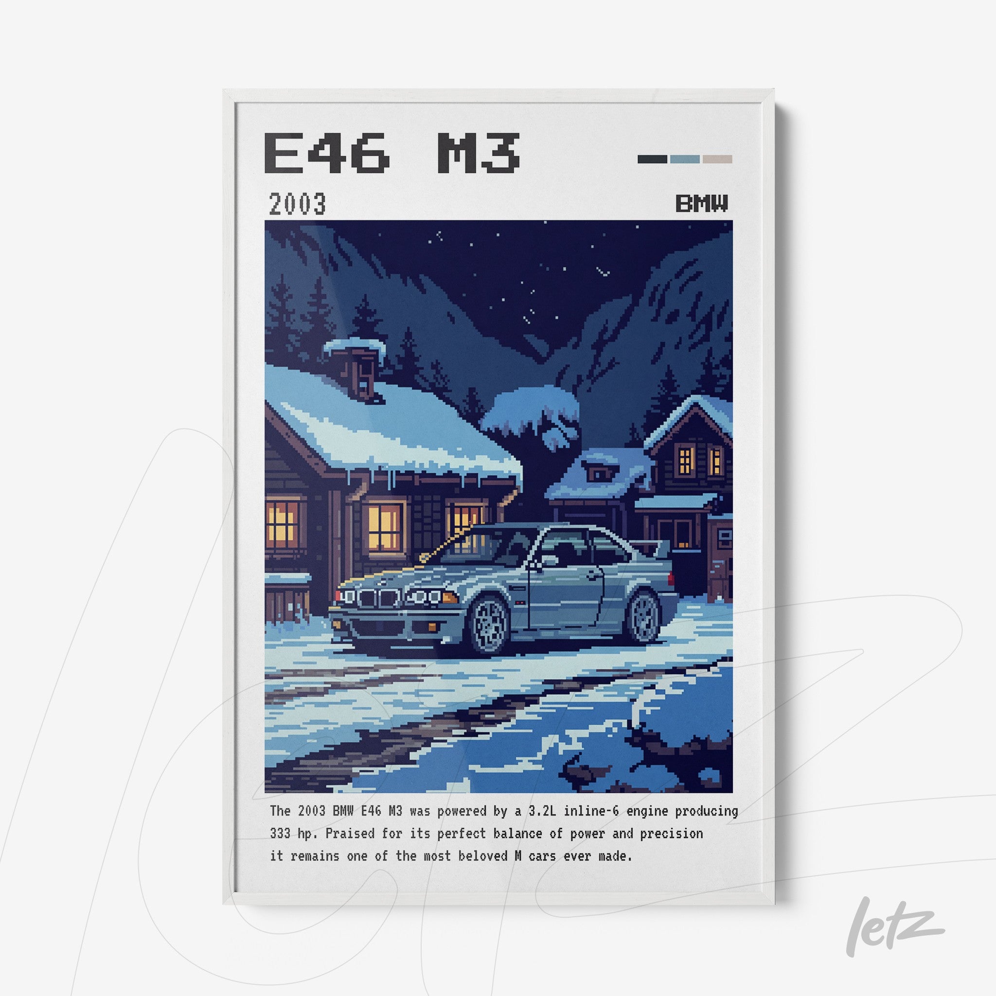 quadro com arte pixelada de carro BMW M3 E46 em um cenário de inverno com neve, moldura branca