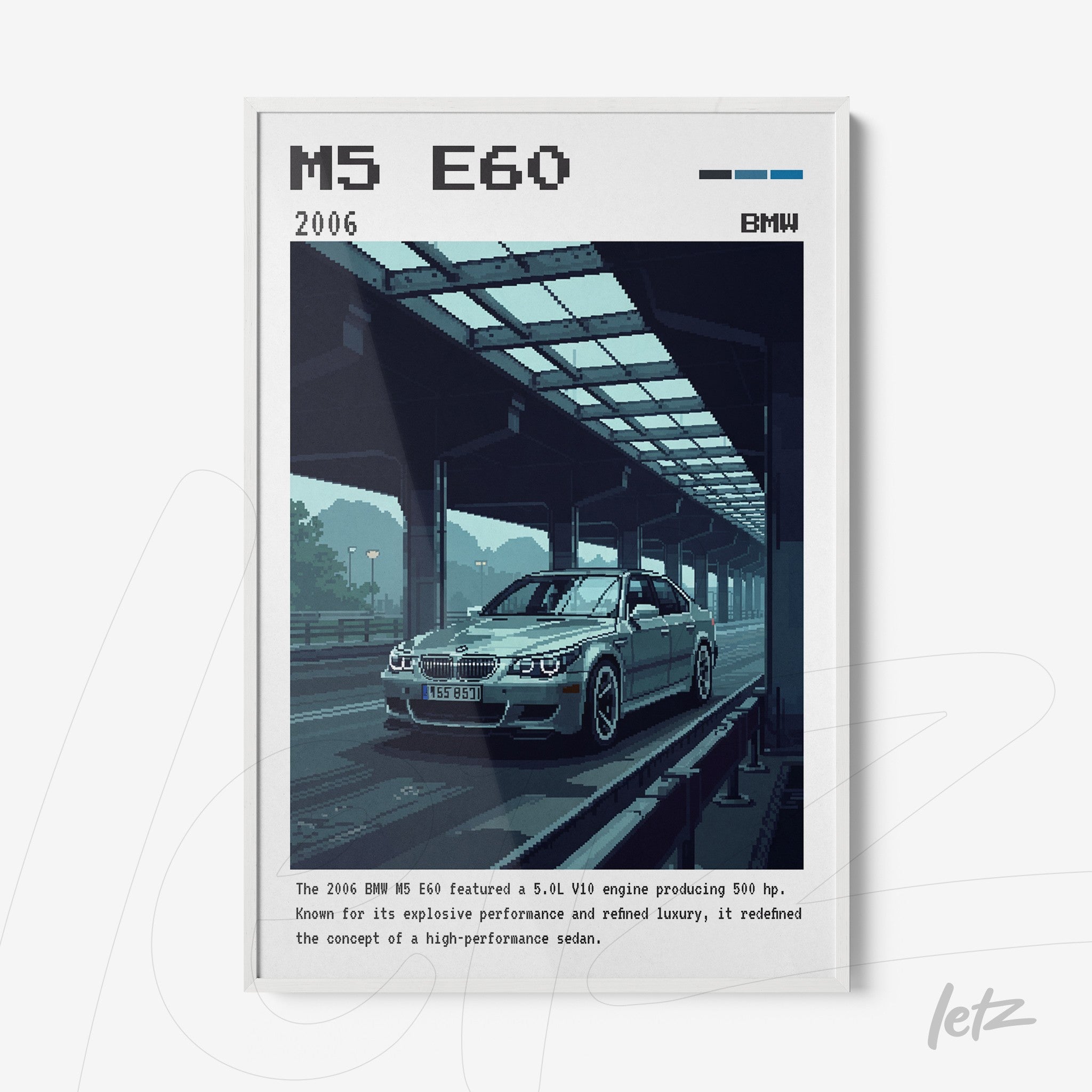 quadro com arte digital retrô do carro BMW M5 E60 em moldura branca