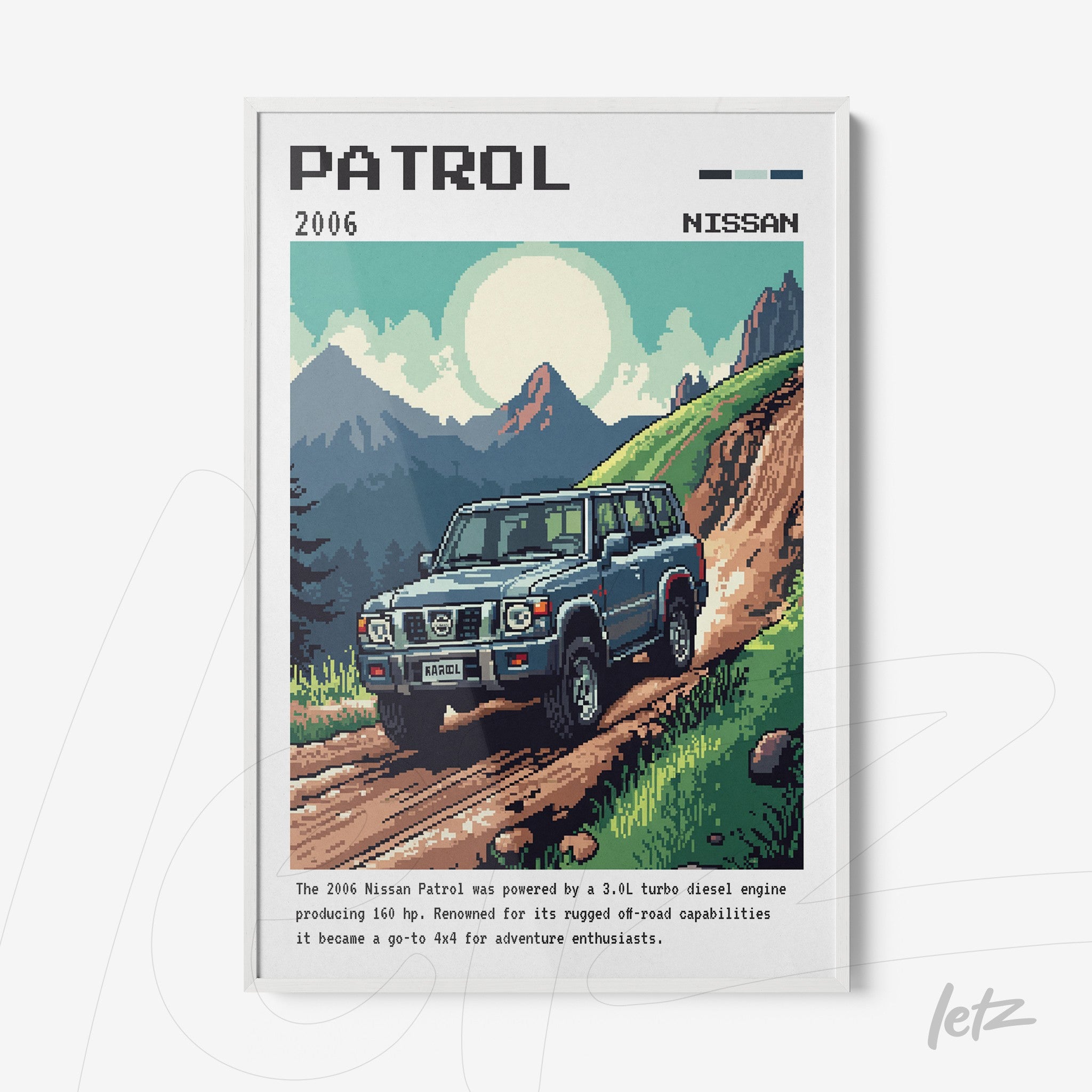 quadro com arte pixelada do Nissan Patrol 2006 em moldura branca, destacando o veículo em um cenário montanhoso