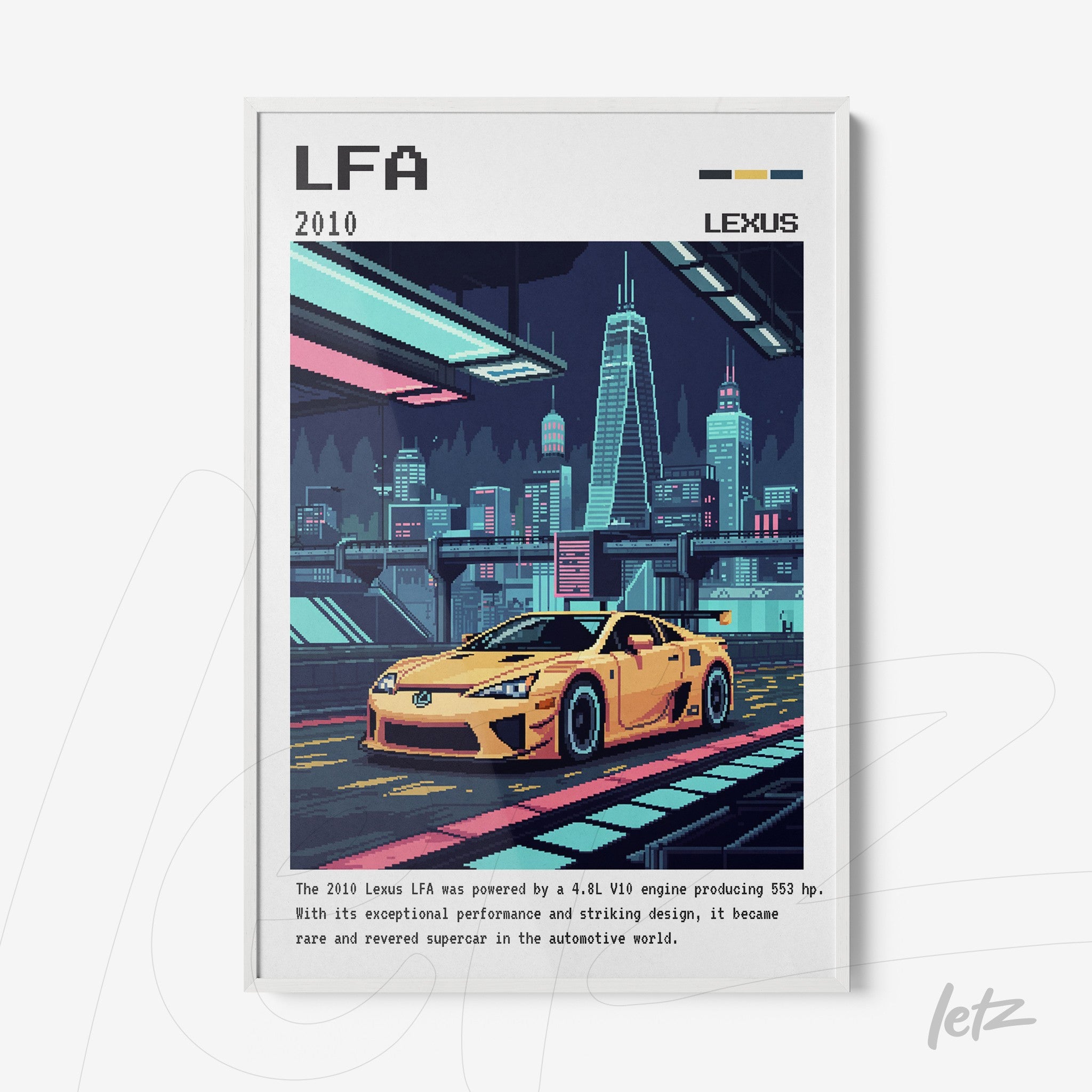 quadro com arte digital do carro Lexus LFA em fundo urbano iluminado, com moldura branca
