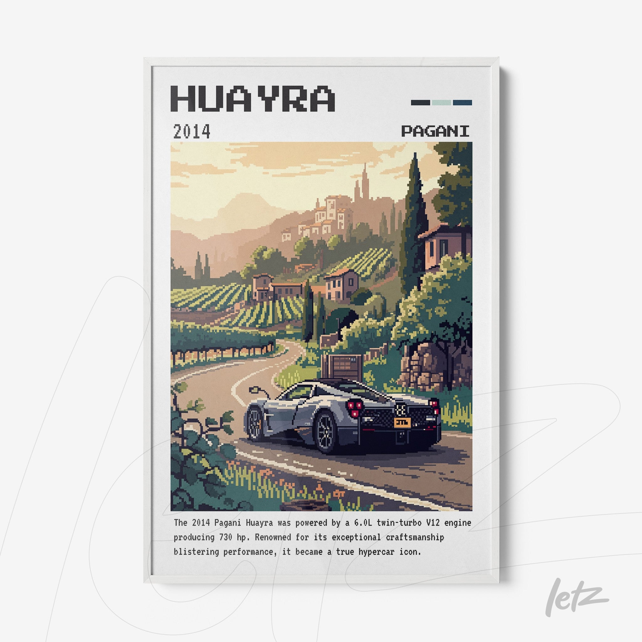 quadro com arte pixelada de um carro Pagani Huayra em uma paisagem de colinas com vinhedos ao fundo e moldura branca